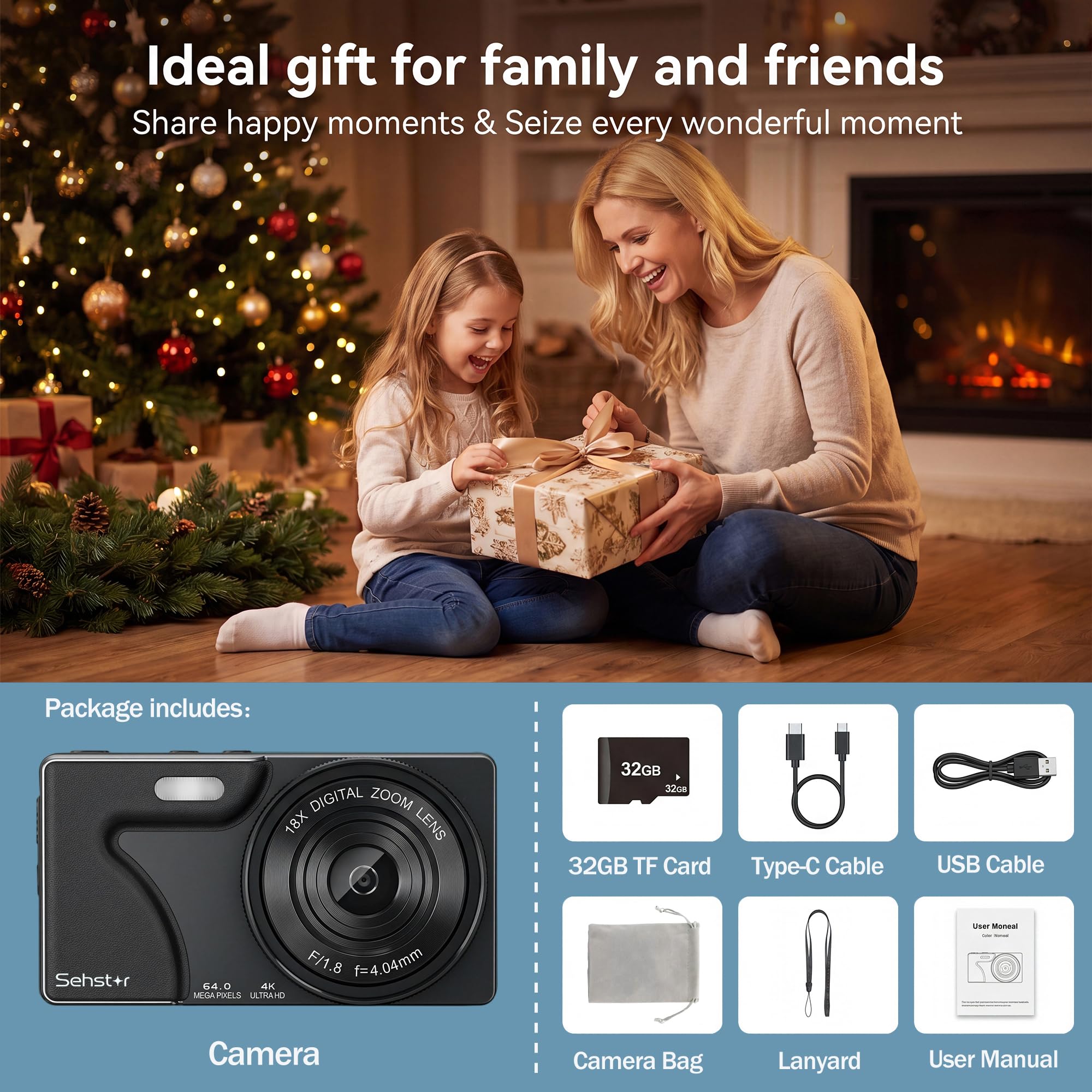 Fotocamera compatta 4K 64MP con scheda SD da 32 GB, schermo IPS da 2,8", zoom digitale 18x, autofocus, batteria da 2000 mAh, trasferimento USB, regalo per bambini, adolescenti e principianti, nero