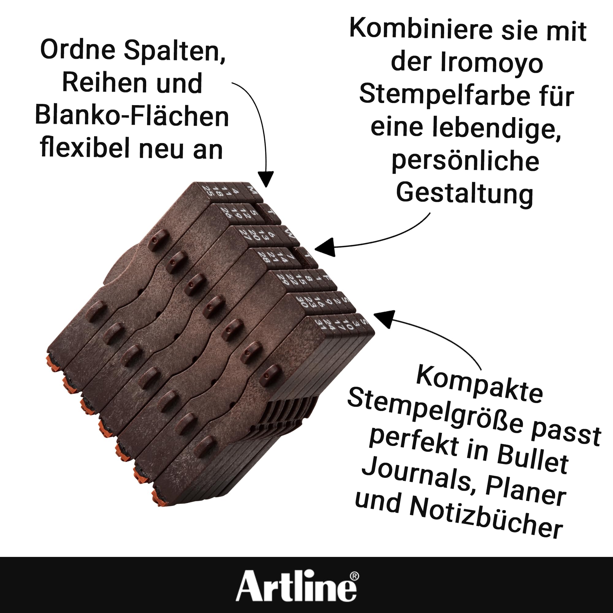 Artline Kalender Stempel & Iromoyo Stempelkissen Set (Schwarz) – Ewiger Kalender mit 7 Tagen, 31 Daten & 2 Blanko-Elementen, schnell trocknende wasserfeste ölbasierte Tinte – Artline Künstlerbedarf