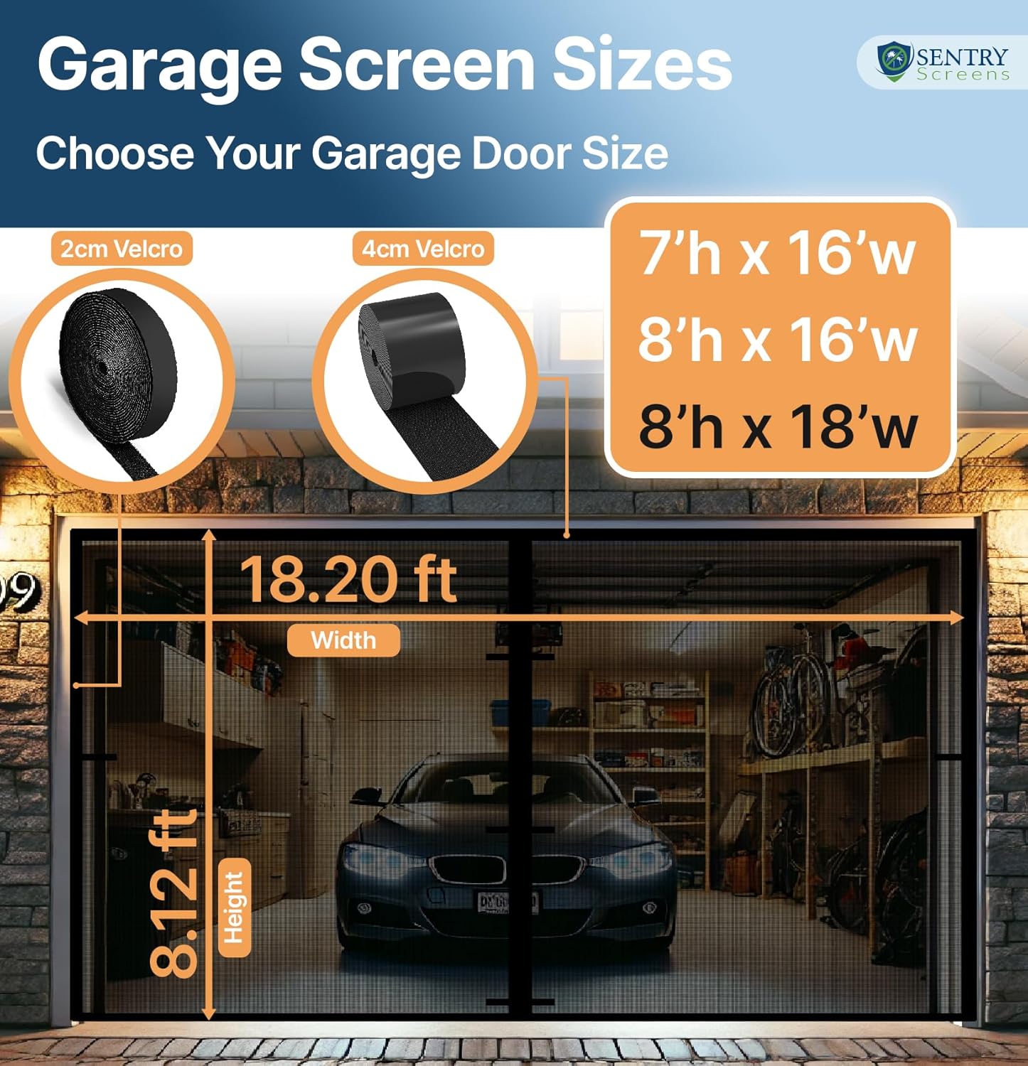 Garage Door Screen 2 Car with Retractable Fiberglass Mesh – Magnetic Closure and Weighted Bottom – Simple Install no Tools – Tie-Back Retractable Design – 8’h x 18’w by Sentry Screens