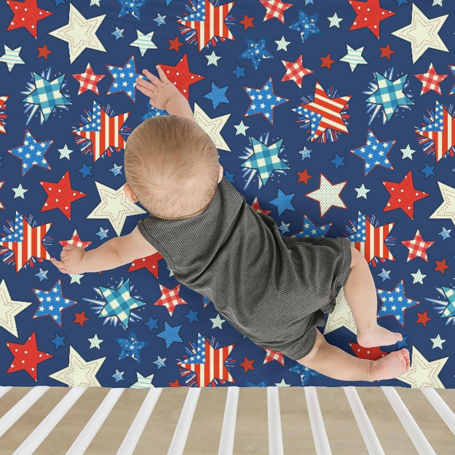 American Flag Stars Baby Crib Sheets for Boy Girl 52x28Inch Patriotic Stars Stripes Soft Snug Fitted Crib Mattress Cover 4th July Independence Day Baby Sheet for Standard Crib & Toddler Mattress Pad