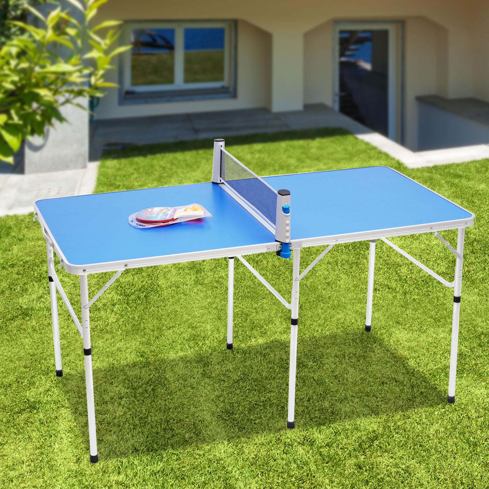 Tischtennisplatte Klappbar 152x76cm Outdoor, Mini Tischtennistisch mit Netz und Schlägern, Leichte Tischtennisplatte für Garten und Indoor, Ping Pong Tisch Komplettset für Familie und Kinder