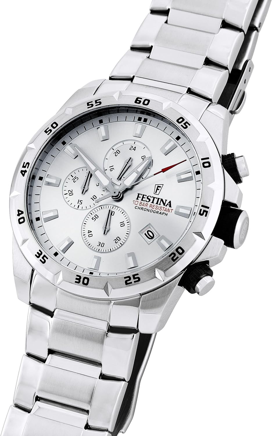 Angolato view of the Festina Sports Watch F20463/1, highlighting the chronograph sub-dials, minute markers, and the Festina logo on the dial.