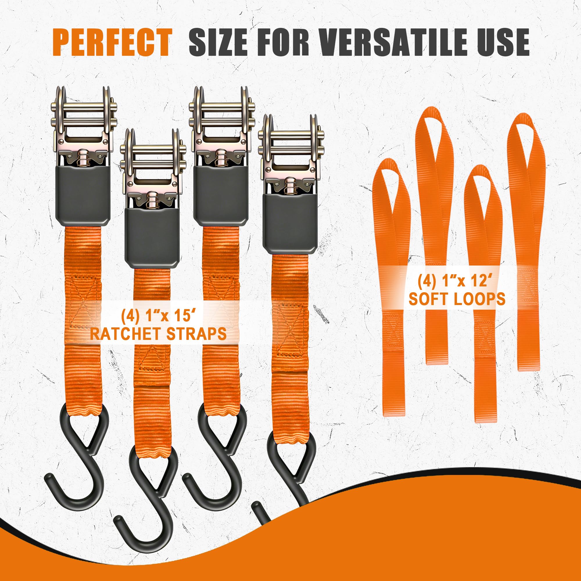 AWELCRAFT Lot de 4 Sangles à Cliquet – 680 kg de Résistance à la Rupture, 4,5 m de Longueur, Orange avec Crochets en S & Boucles Souples – Idéal pour Moto, VTT, Bateau, Meubles, Déménagement