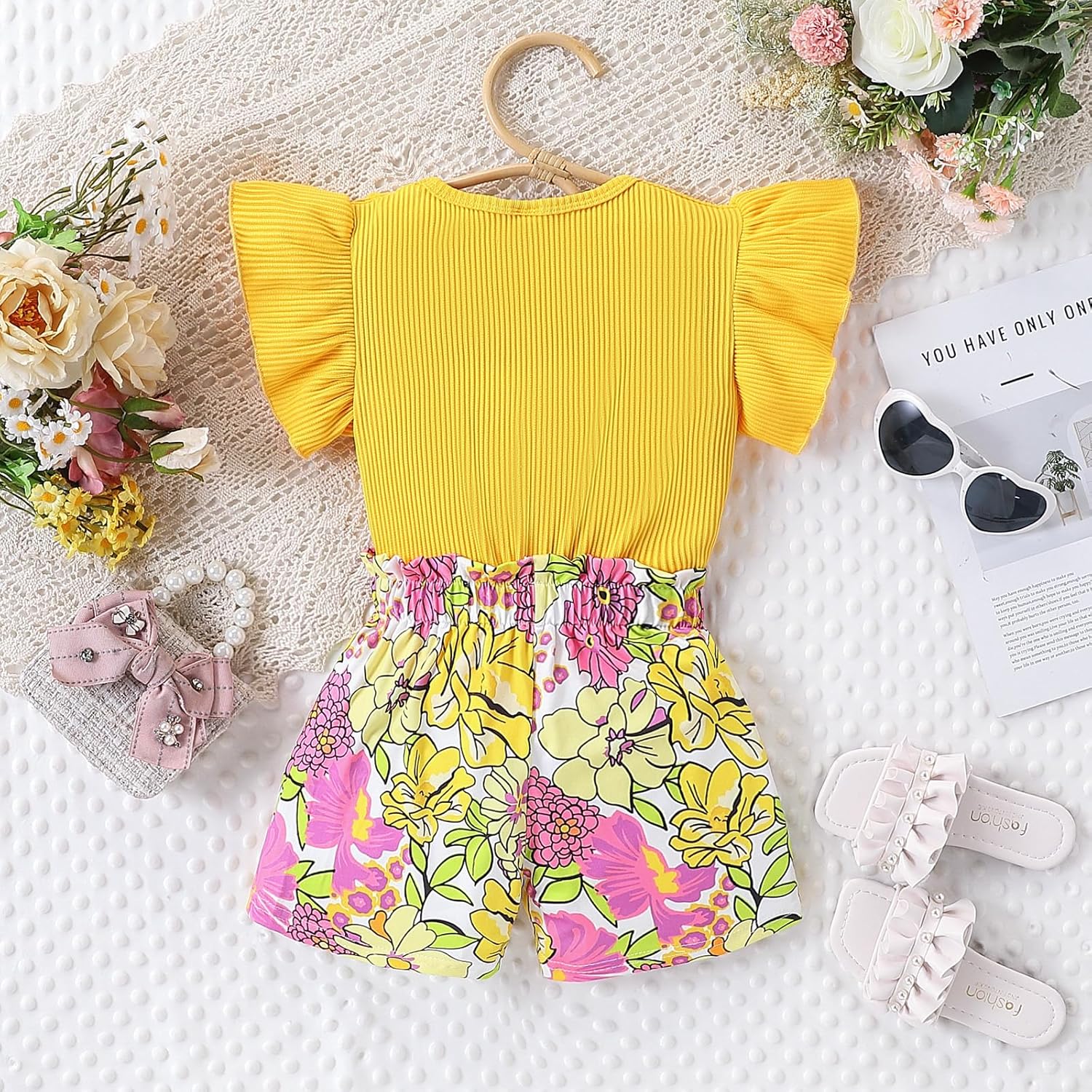 3-8 T Toddler Girls Clothing Set Ruffle Sleeve Bow Tie Top + Floral Shorts Set - Image 4