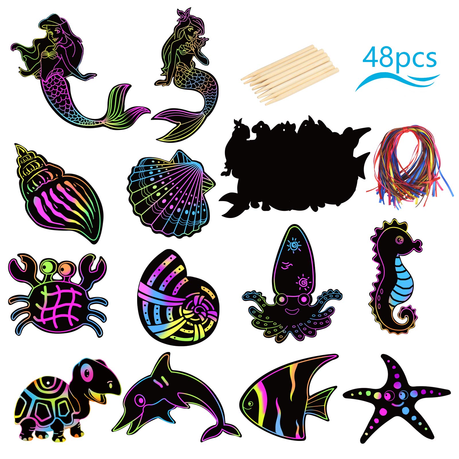 Sea Themed Scratch Art Paper,ZERHOK 48pcs Magic Scratch Marine Animals Rainbow DIY Gift Tags with 12pcs Wooden Stylus and 48pcs Satin Ribbons for Kids Students Classroom