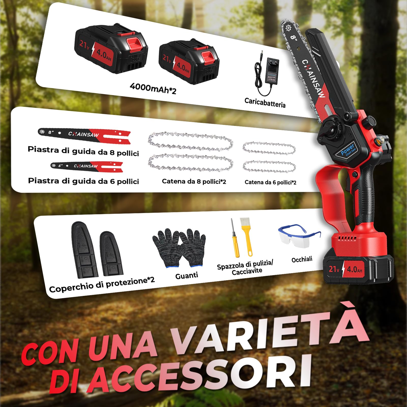 Blushless Mini Motosega a Batteria 6/8 Pollici, 1300W Mini Motosega Elettrica con 8000mAh Batterie, Sega a Batteria per Potatura, il Taglio Del Legno e Giardini, Elettrosega Compatibile con Makita 18V
