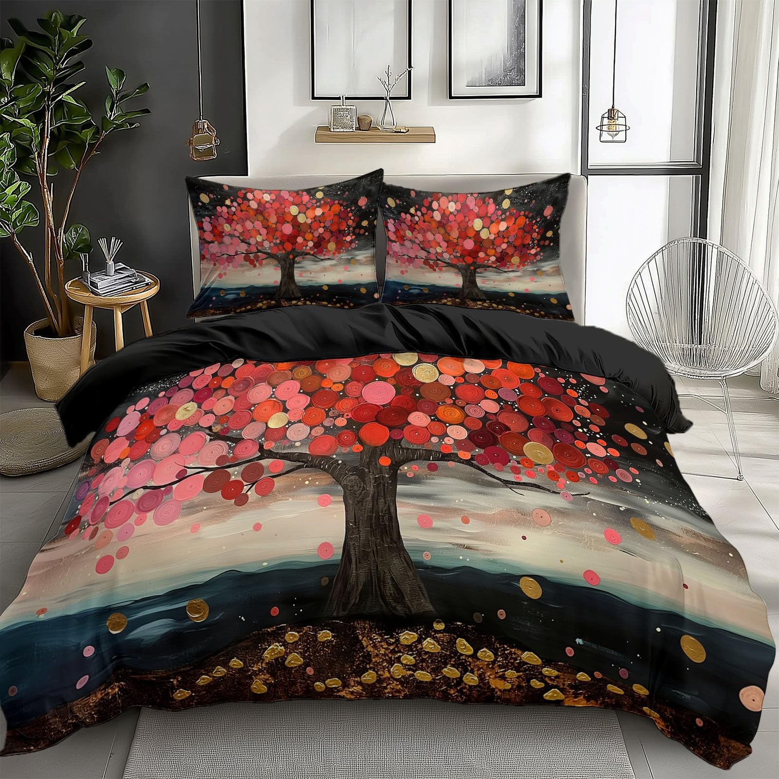 Beige Duvet Cover Twin Size 2 Pieces Oil Painting Red Leaves, Bedding Room Decor Bedspread for Kids Teens, Comforter Quilt Cover Bedding Set with Pillow Sham