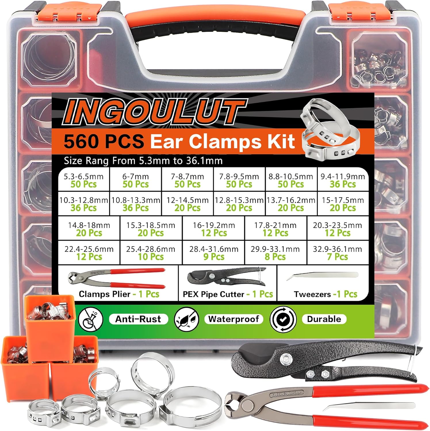 560Pcs Single Ear Hose Clamps Assortment Kit 304 Stainless Steel 22 Size(5.3-36.1mm) Cinch Crimp Hose Clamp Stepless Pinch Clamp with Tools for Plumbing/Garden/Automotive/Water Pipe/Radiator Pipe