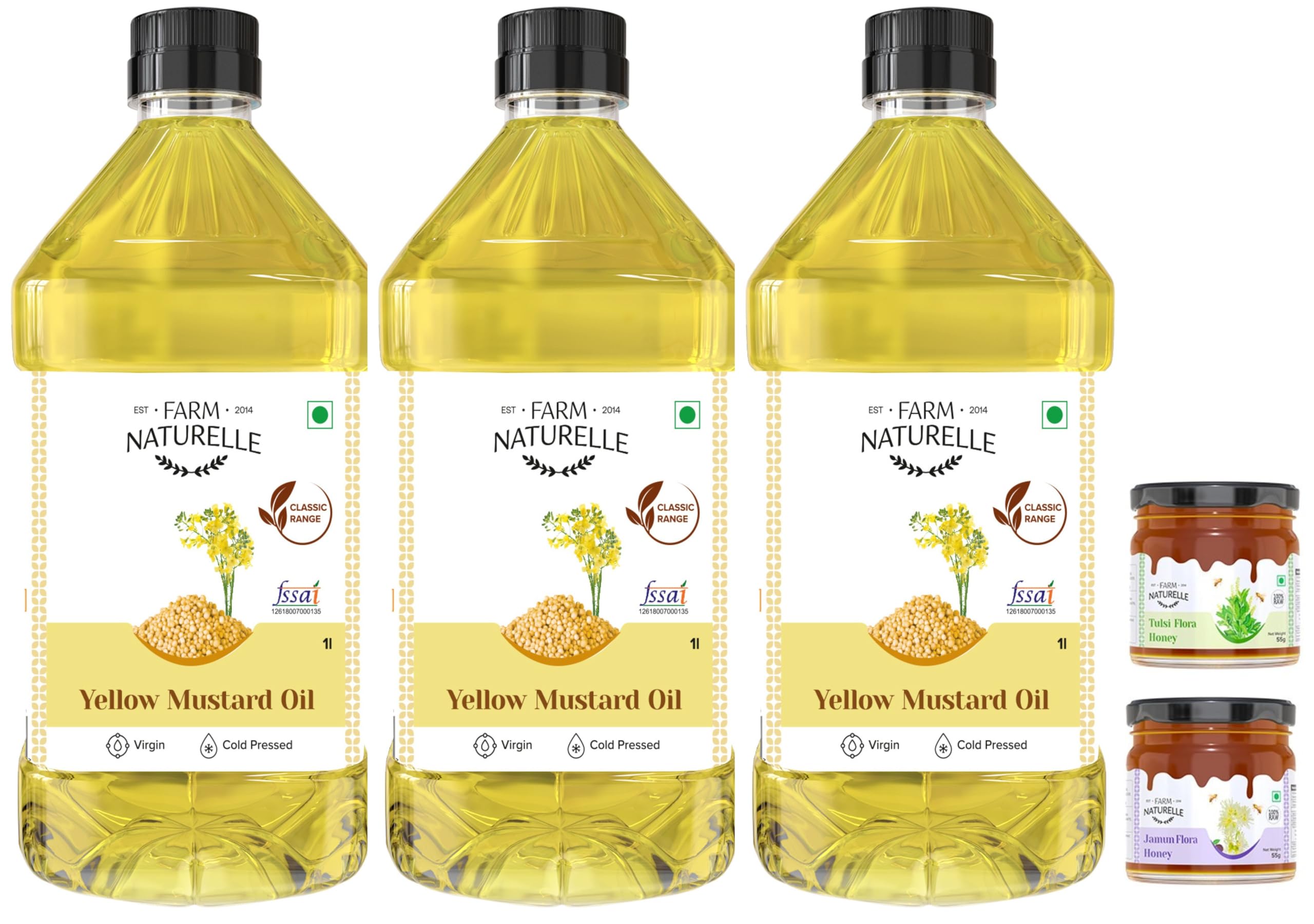 Farm Naturelle -Virgin Cold Pressed (Kachi Kacchi Ghani) Yellow Mustard Oil Pack 3 x 1Ltr with Free Raw Forest Honey Varieties (2x55 GMS Pack) (B01N6FT15S) Amazon Price History, Amazon Price Tracker