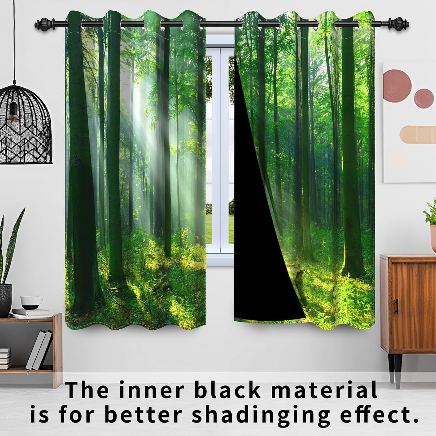 Forest Blackout Curtains, Sunshine Green Tropical Jungle Window Curtain for Living Room Nature Scenery Thermal Insulated Window Treatment Room Darkening Drapes with Grommets, 42x63 Inch, 2 Panels