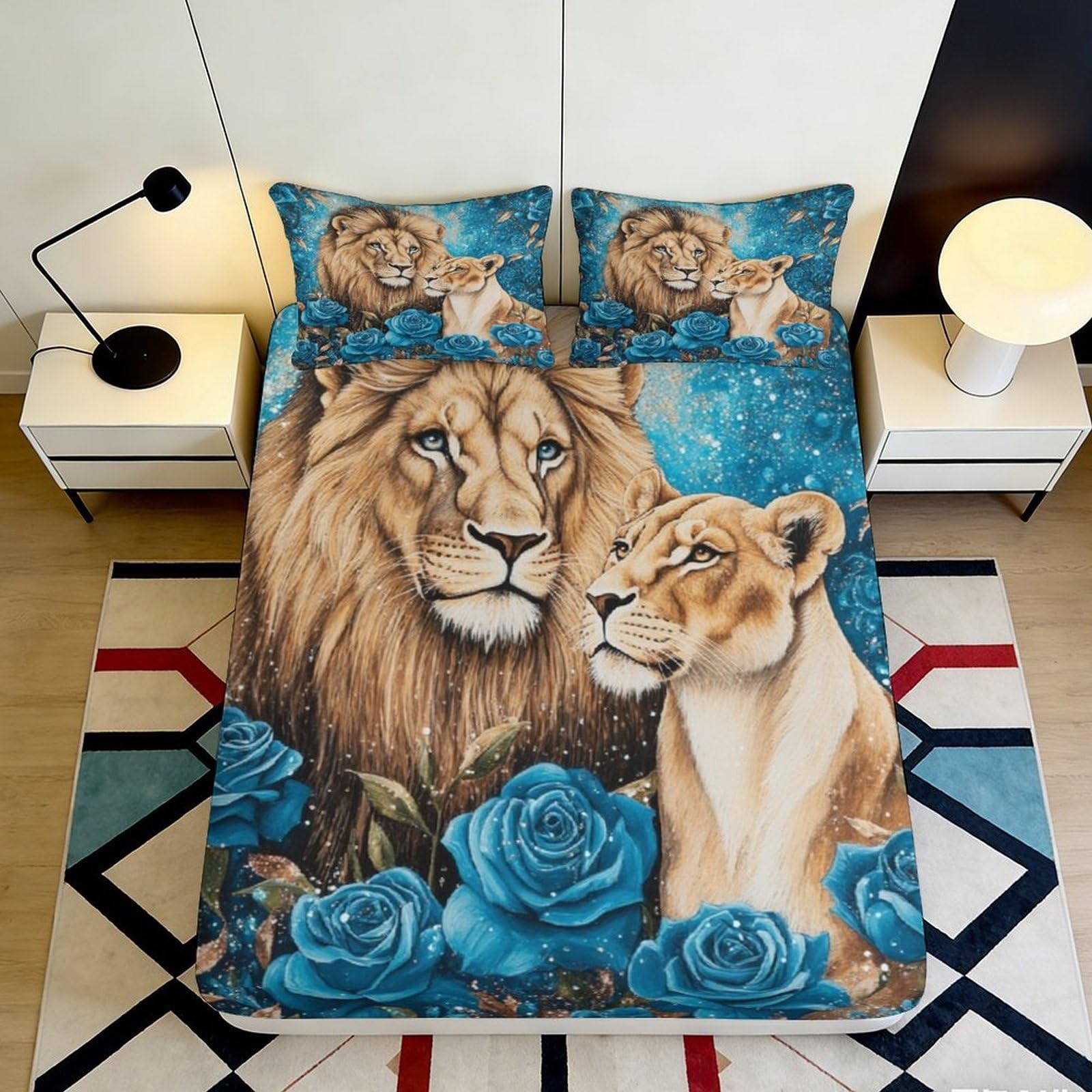 3D Printed Lion Blue Rose Fitted Sheet Microfiber Bed Sheet for Bedroom Dorm Mattress Decor Protection 90x200x25cm