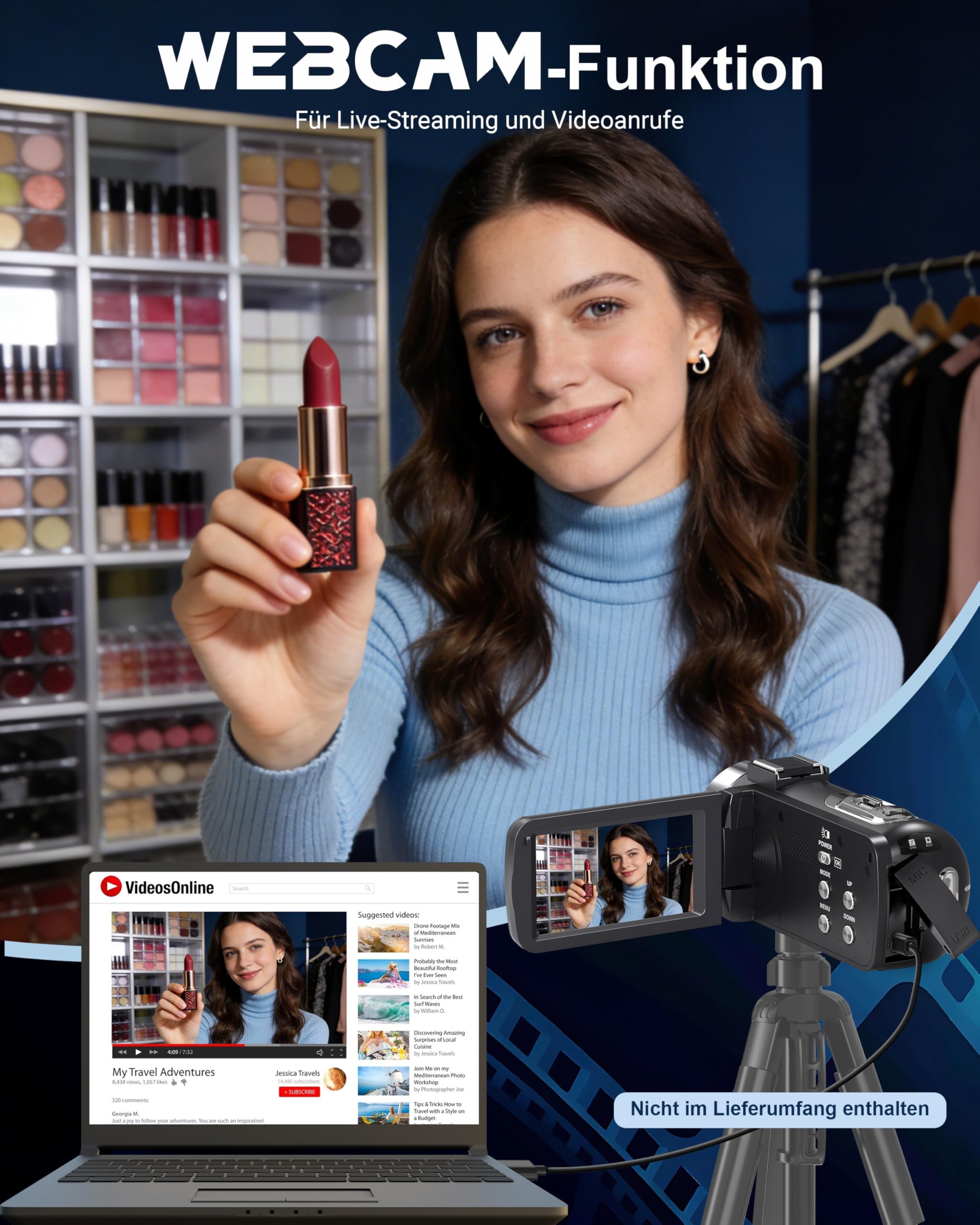 4K 80MP Camcorder mit IR Nachtsicht, 18X Digitalzoom, 3,0-Zoll IPS Screen, Vlogging Camera für YouTube mit 2 Akkus, 32GB-SD-Karte