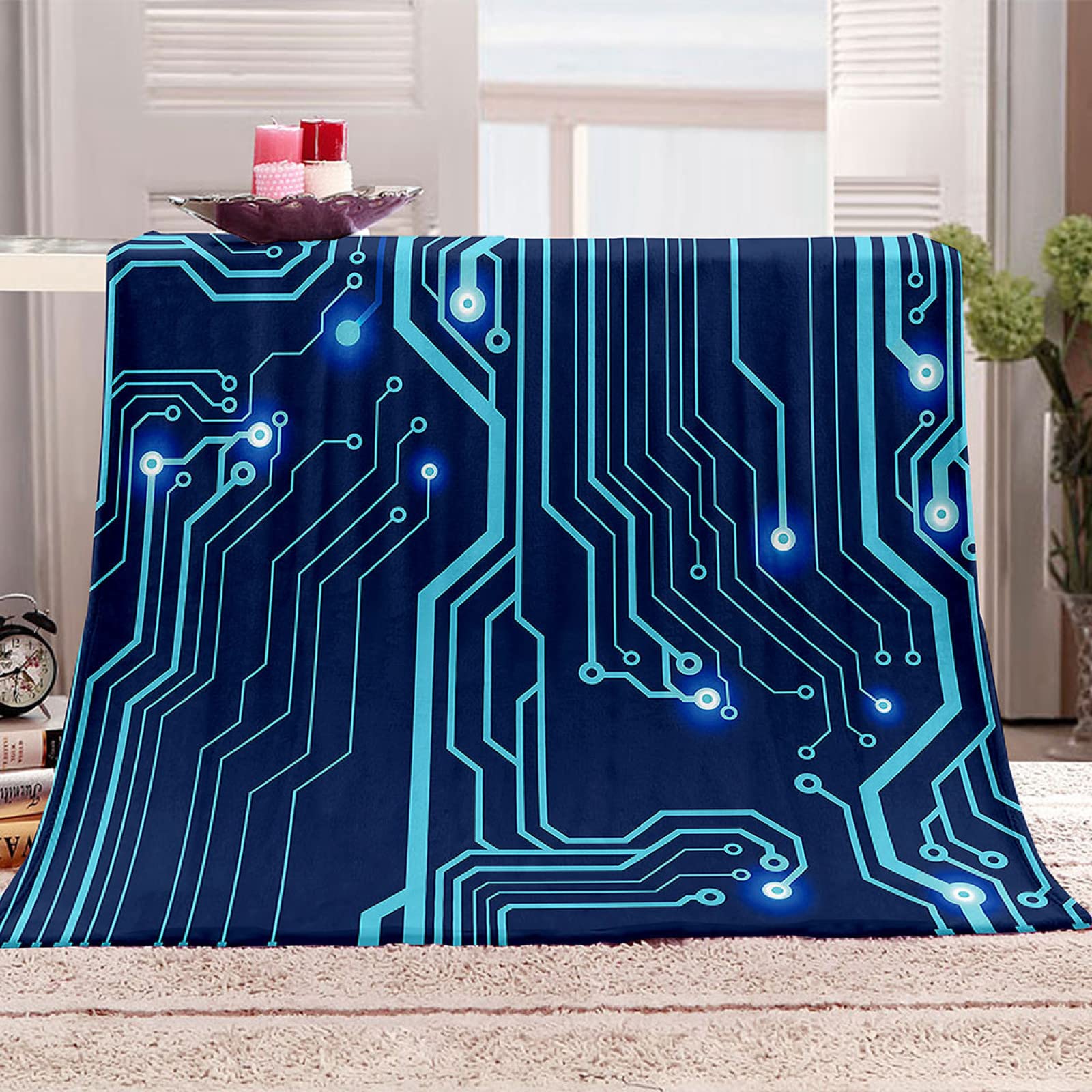 Couverture flanelle circuit imprimé bleu anti-froid plaid doux canapé
