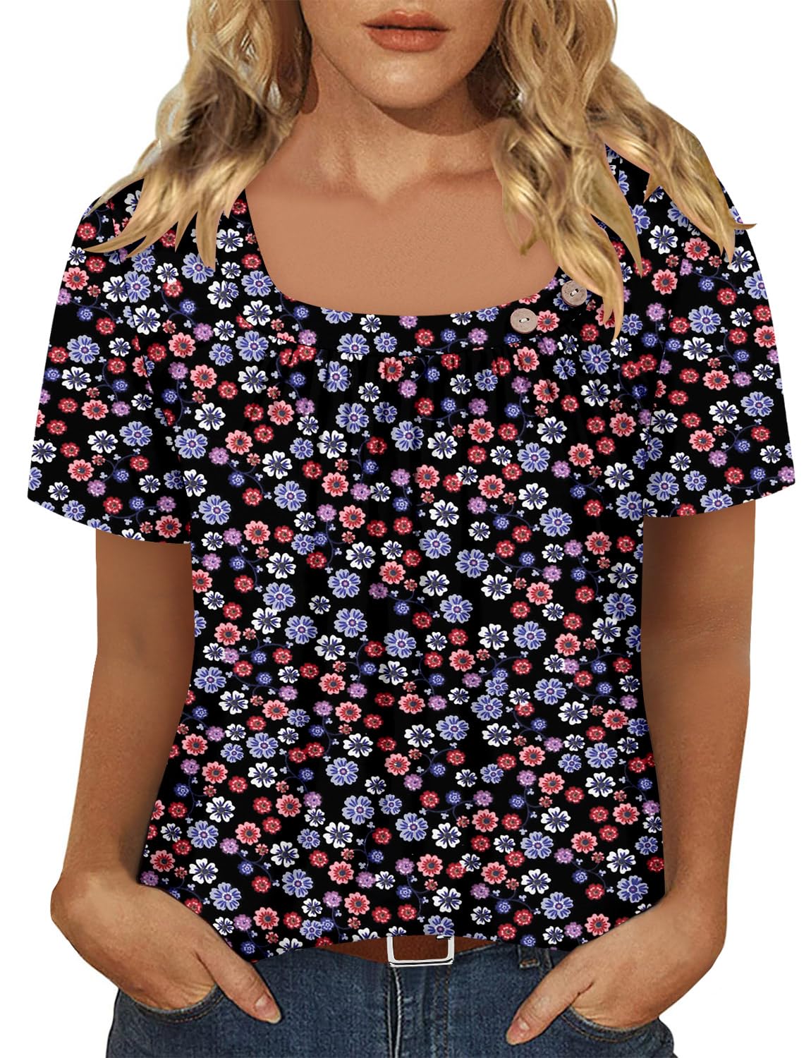 Women's 2026 Summer Casual Pleated Blouses Square Neck Short Sleeve Tshirts Loose Fit Dressy Tunic Tops