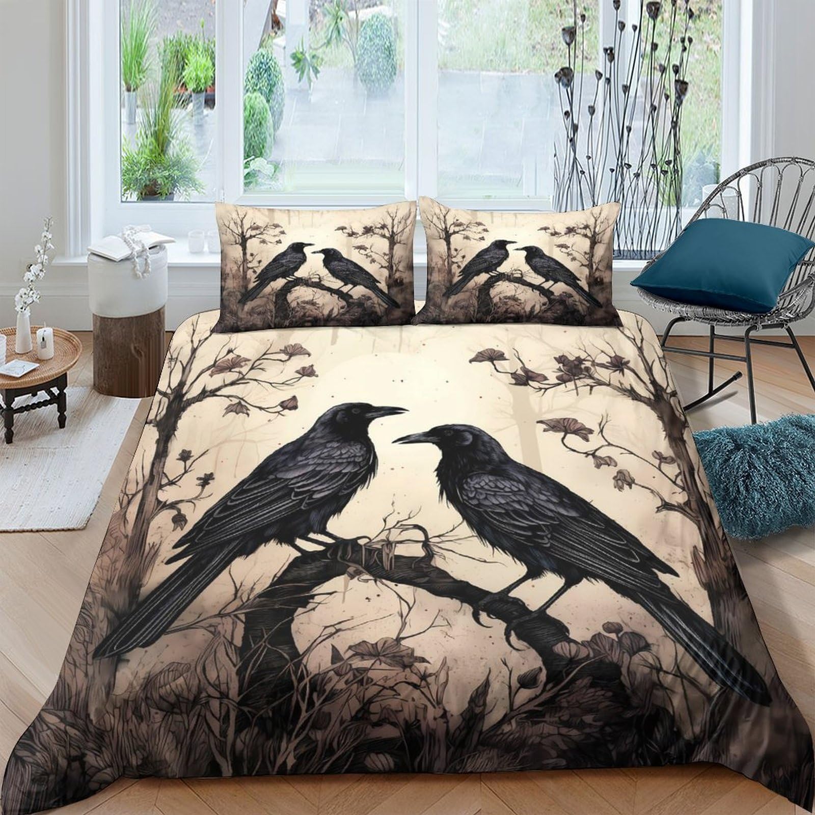 Ctjqhvkz Style-7 3D Printed Crow Forest Fitted Sheet Microfiber Soft Breathable Raven Woodland Mattress Cover Bedroom Decor Single（135X200cm）