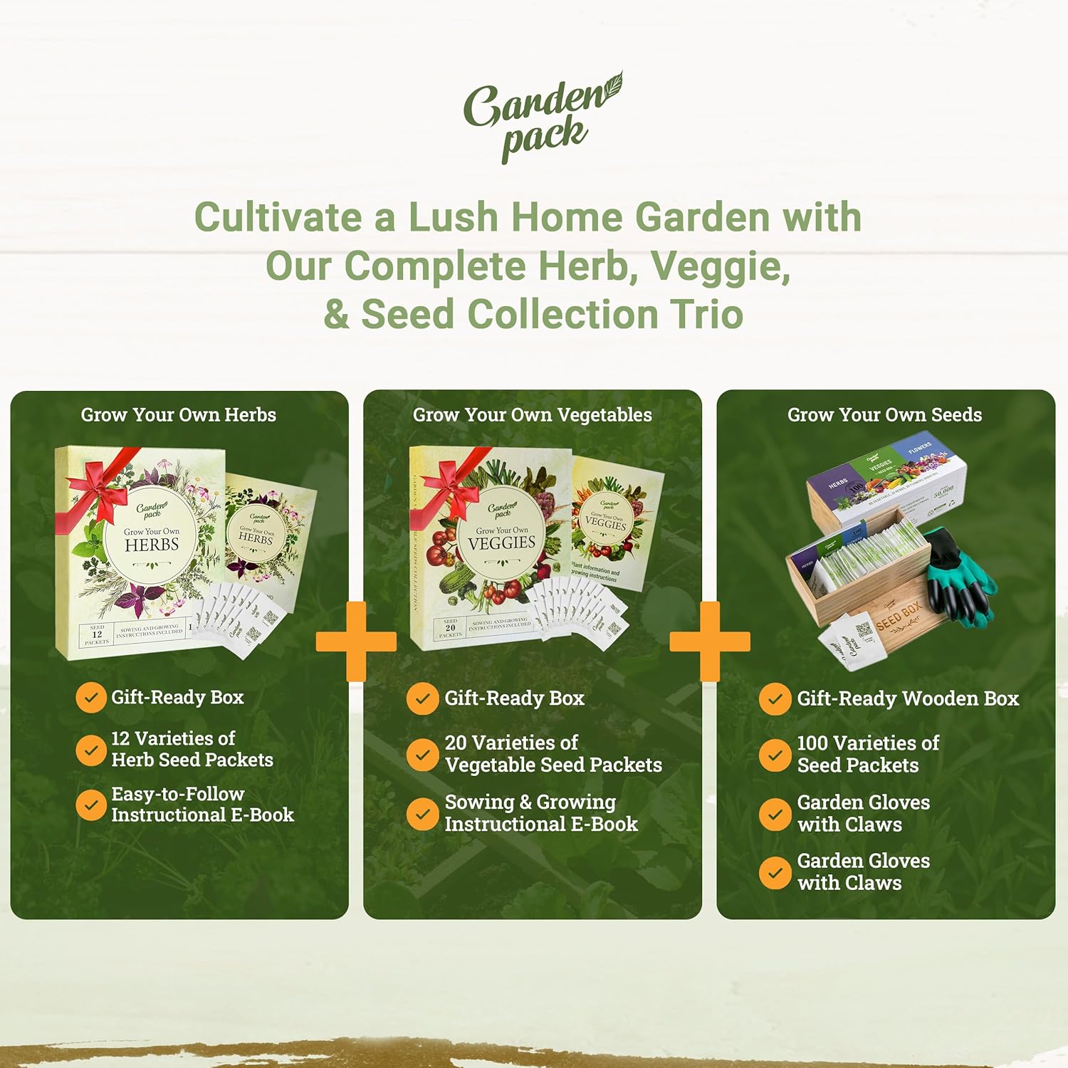 Grow Your Own Herbs, Vegetable, & Seed Box Kit - 100 Mixed Garden Seeds, 20 Vegetable Seeds & 12 Herb Seeds Variety Pack Bundle - Flower Seeds, Veggie Seeds, & Plant Seeds with Manual by Garden Pack