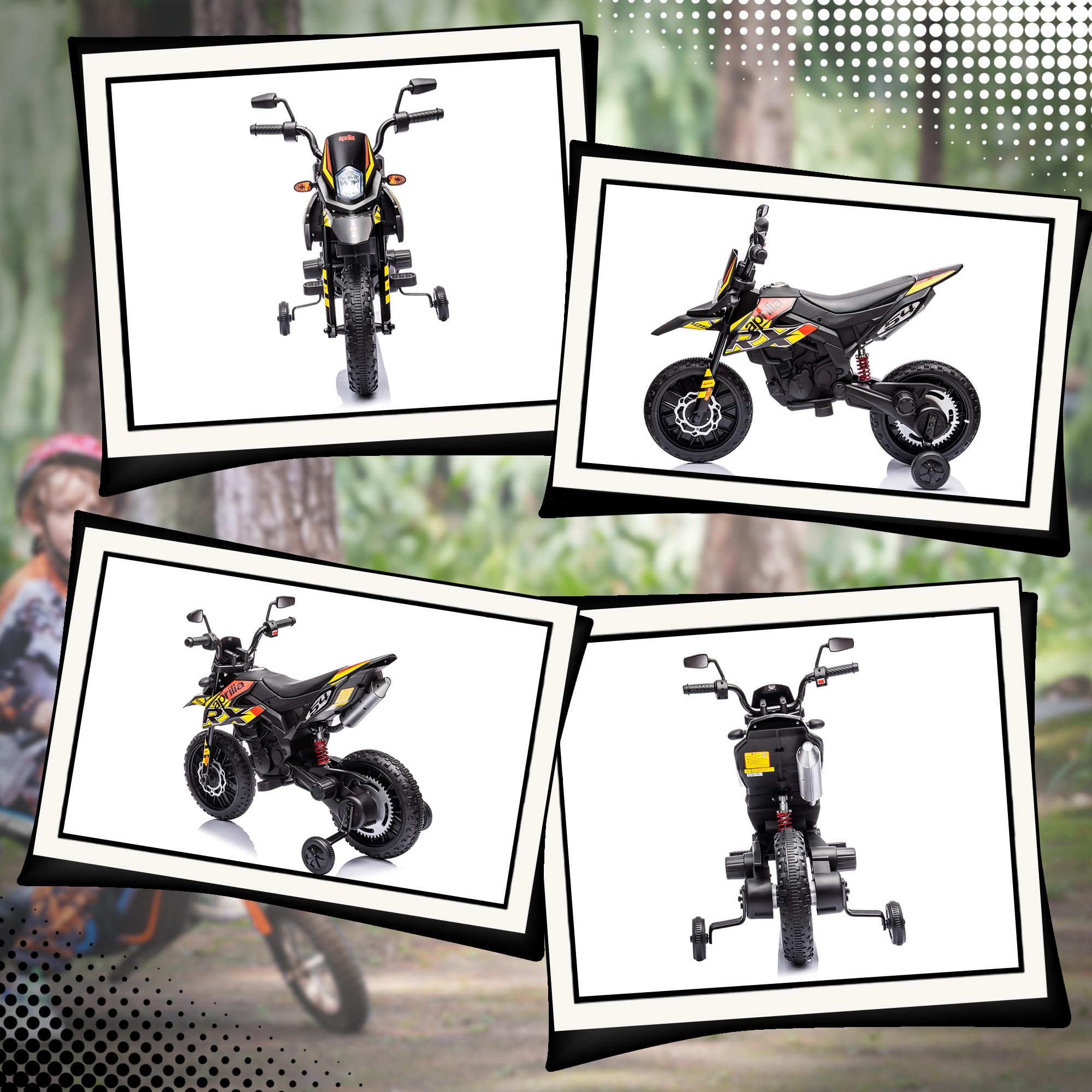 AIYAPLAY Elektro Kindermotorrad Aprilia Elektromotorrad mit USB, Stützrädern, Musik, Scheinwerfer, Kinder 6 km/h Elektro Motorrad mit 2 Stützrädern für Kinder von 3-8 Jahren Gelb
