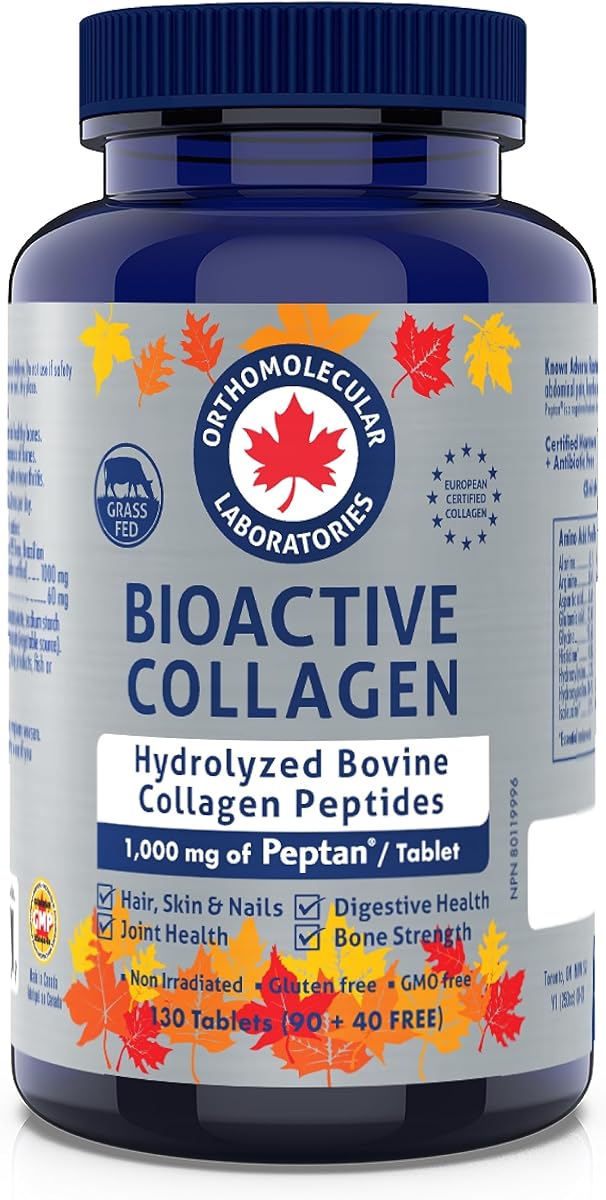 ORTHOMOLECULAR Orthomolecular Laboratories - Bioactive Collagen Hydrolyzed Bovine Collagen Peptides 1000mg, 130 Tablets - Vitamins for Bone Strength, Digestive Health, Joint Health, Hair Skin and Nail Vitamins. Halal and Kosher certified