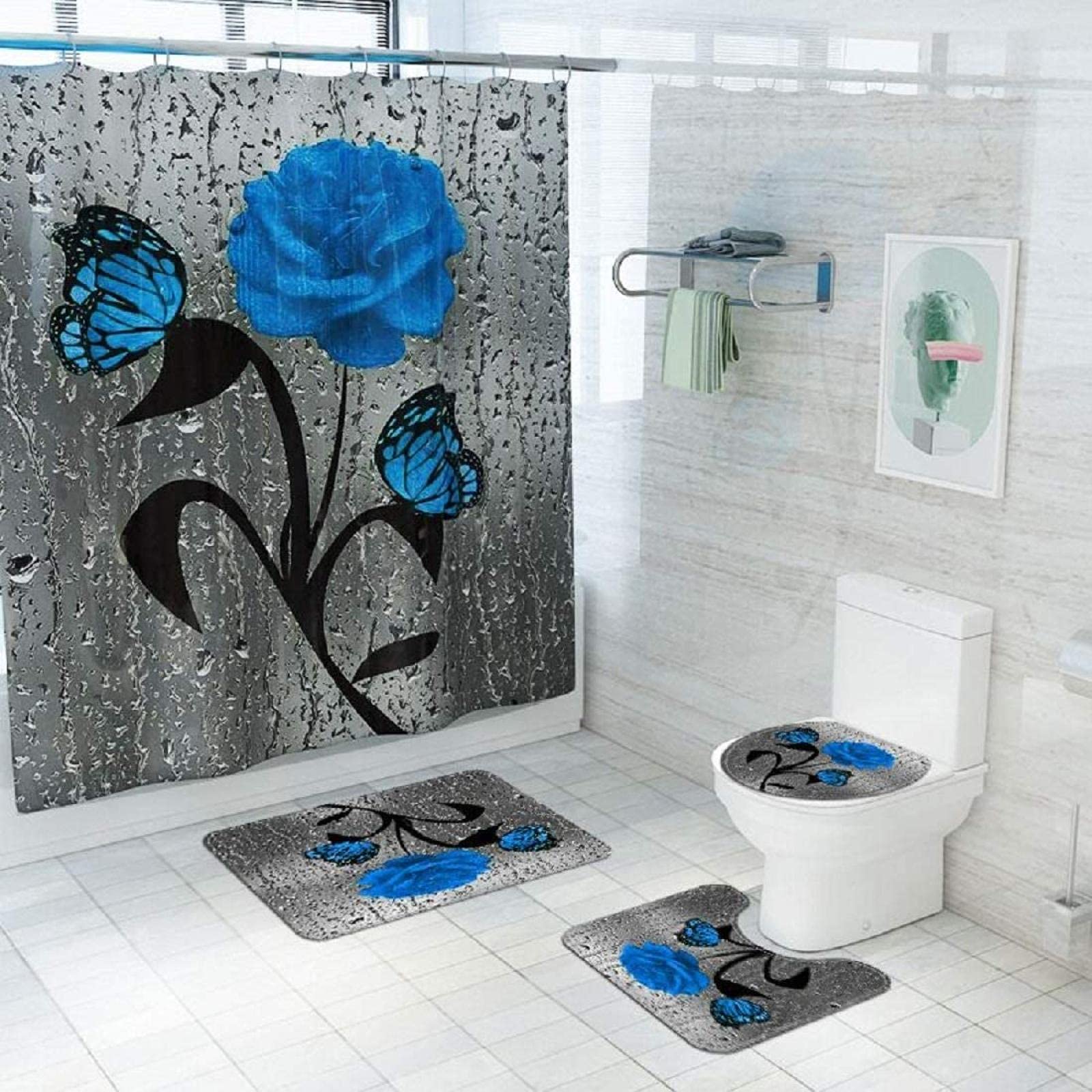 Red Rose Set Bagno Completo 4 Pezzi | Tenda Doccia Impermeabile 180x180 Cm + Tappeti E Copriwater | Motivo Floreale Romantico | Con 12 Ganci