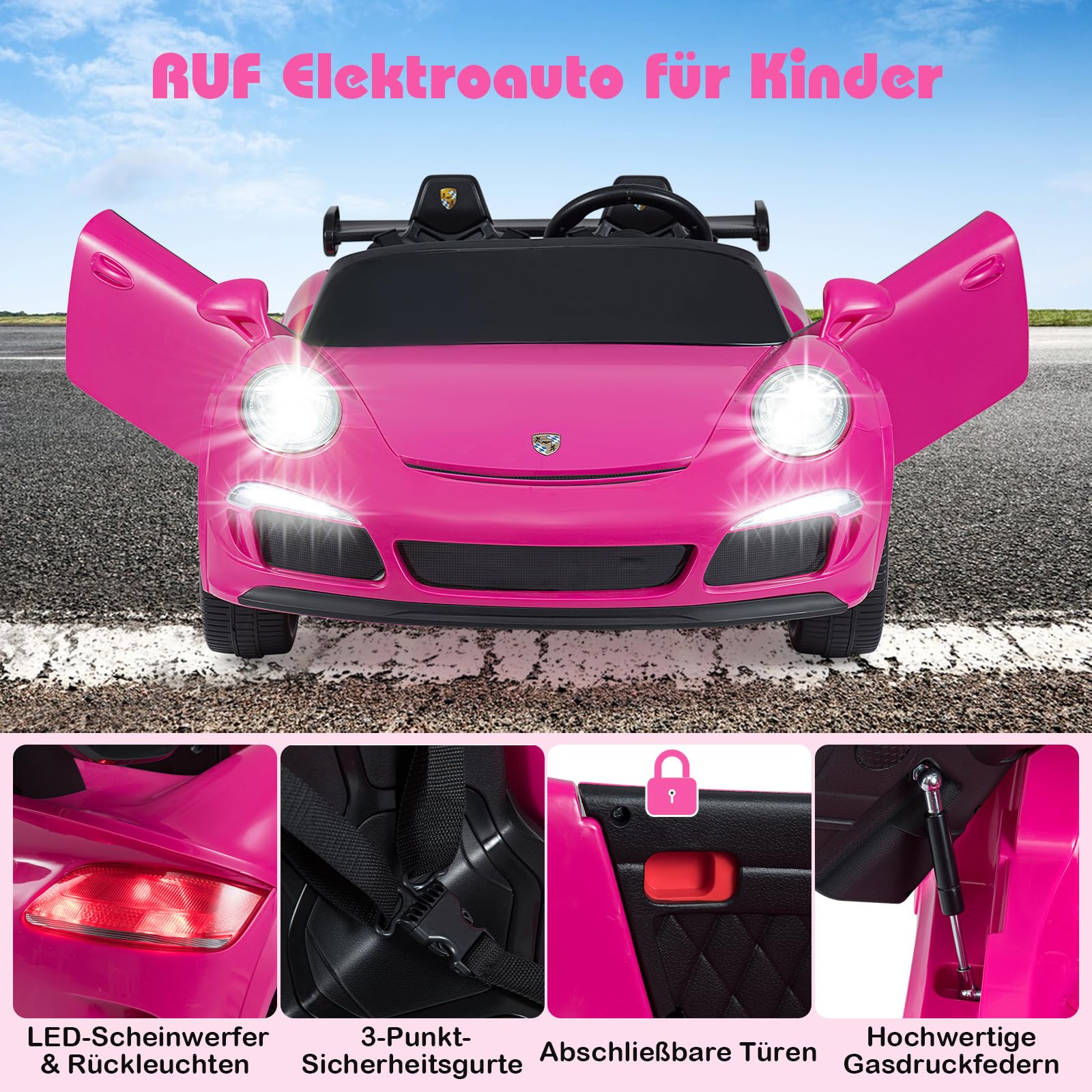 COSTWAY Kinder Elektroauto, 24V Kinderauto Elektrisch mit 2,4G Fernbedienung, Kinderfahrzeug mit LED-Lichter, Hupe, Musik & Bluetooth, Elektrofahrzeug für Kinder ab 3 Jahren (Rosa)