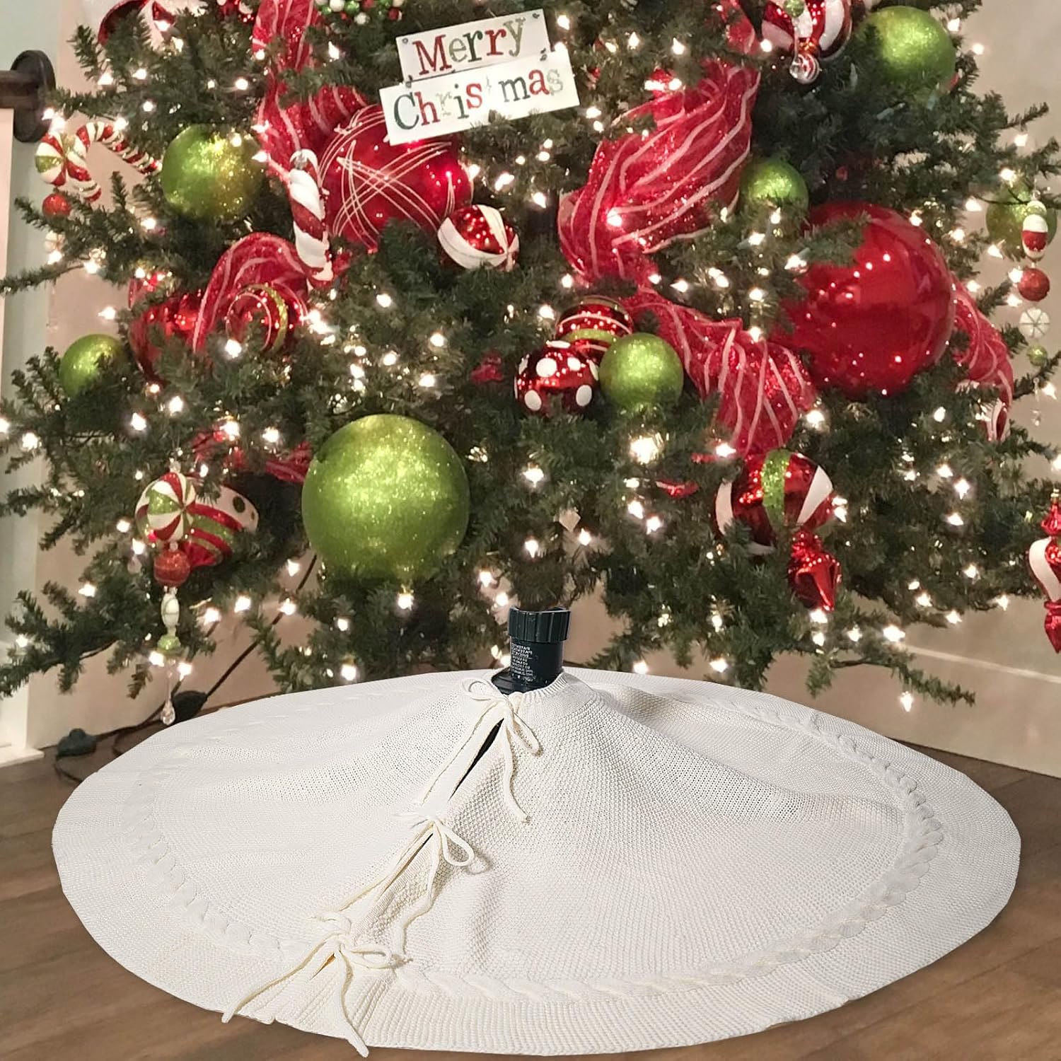 24 Inch White Christmas Tree Skirt, Small Cable Knit Thick Rug, Rustic Xmas Decorations, Farmhouse Tabletop Ornaments, Pencil Tree Boho Vintage Decor