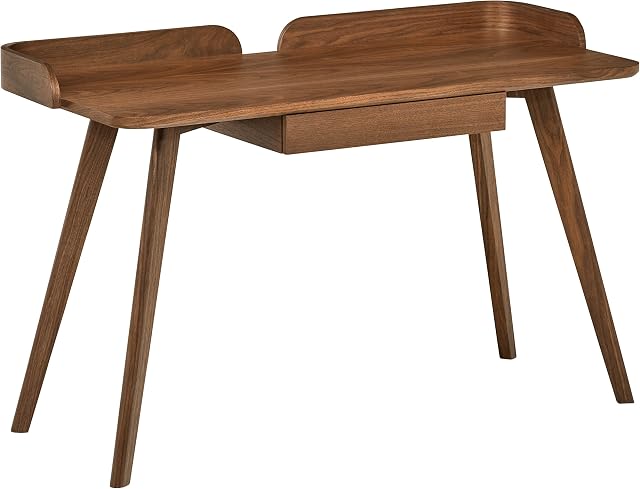 Amazon Brand - Rivet Mid-Century Home Office Computer Desk with 1 Drawer & Curved Corners, 56 x 123 x 80cm, MDF with Walnut Veneer/Beech Solid Wood