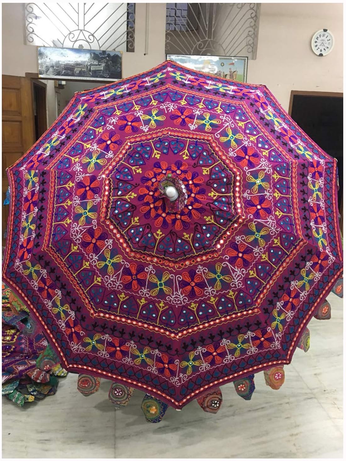 MarusthaliIndian Garden Parasol, Large Outdoor Home Sun Shade Cotton Sun Umbrella, large garden umbrellas outdoor, Indian parasol garden umbrella Diameter: 214 cm, Purple, Large