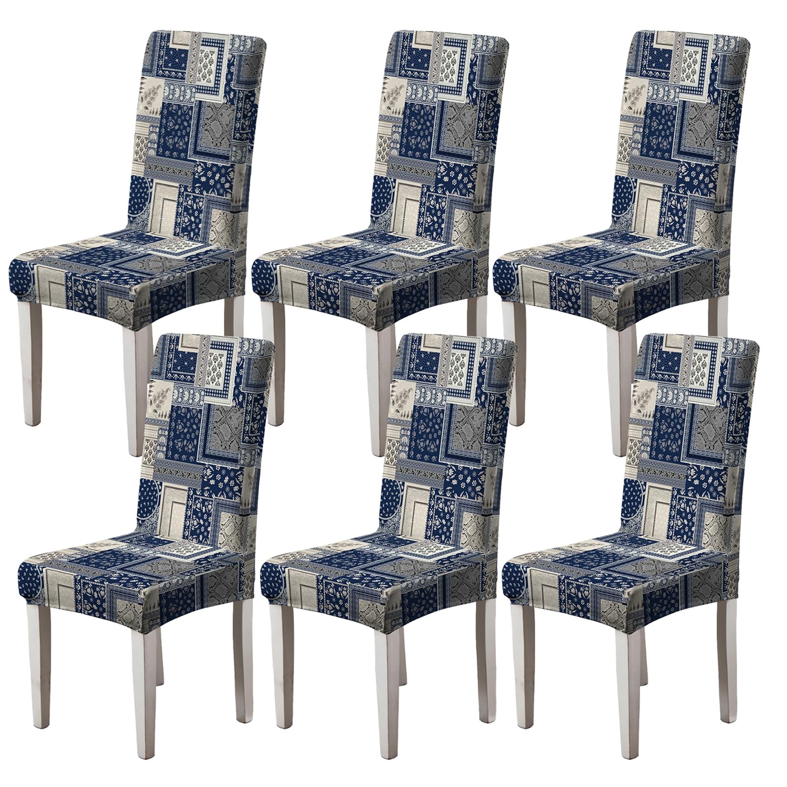 Moiubik Chair Covers Slipcovers Stretch 4/6 PCS Removable Washable Dining Chair Protector High Back Dining Chair Covers for Hotel,Dining Room,Ceremony,Banquet, Kitchen, Home(Blue Patchwork,6PCS)