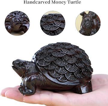 gemshan Carved Wood Turtle Figurine - Feng Shui Wealth Lucky Ornament for Home Office (Collectible Gift)