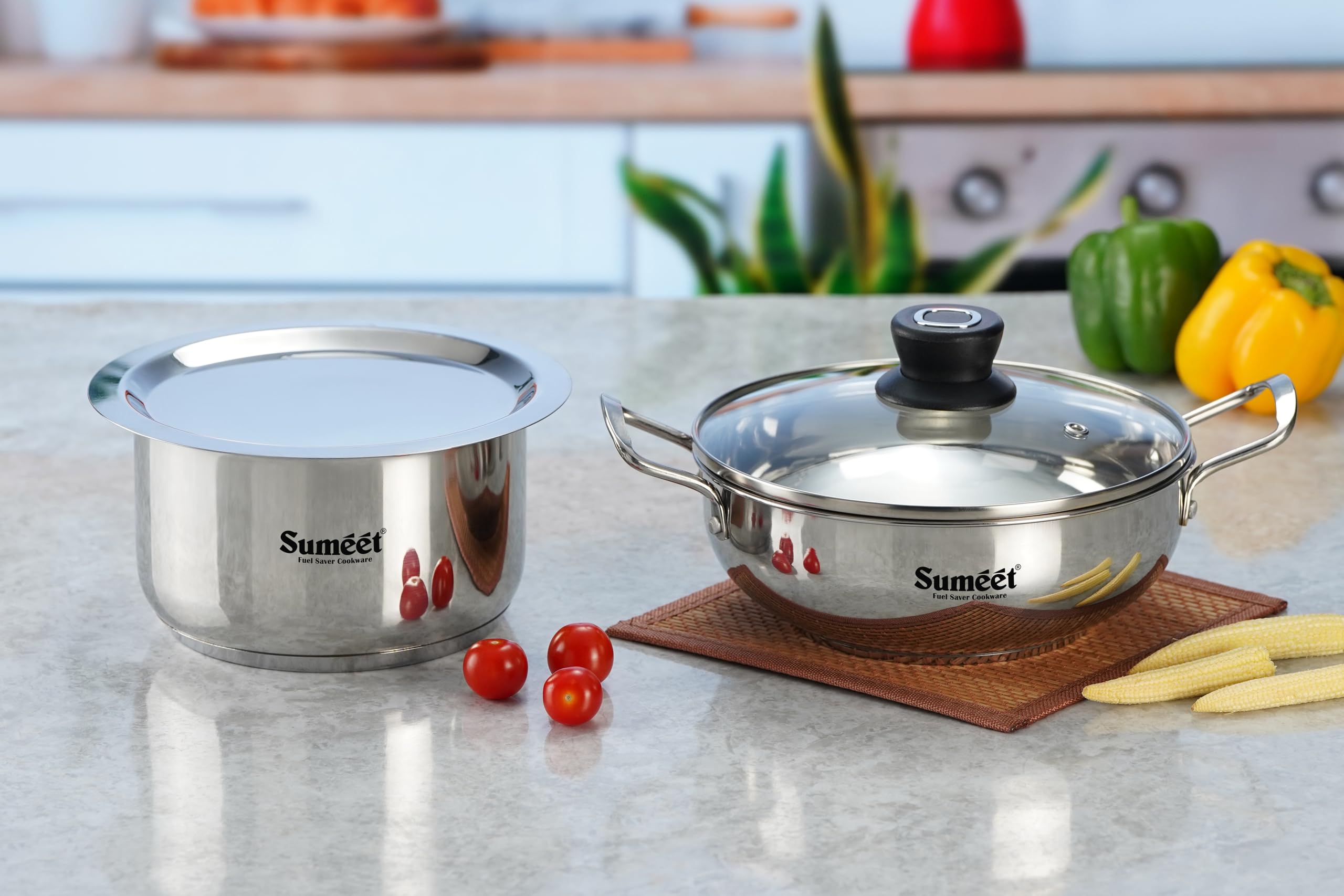 Sumeet Stainless Steel Induction Bottom Gas Stove & Induction Friendly 4PC Cookware Set, Kadai - 1500ml / 20cm, Frypan 1250ml / 20cm, Saucepan 1250ml / 14cm with Glass Lid, Pack of 4, Silver (B0D8YXP6JM) Amazon Price History, Amazon Price Tracker