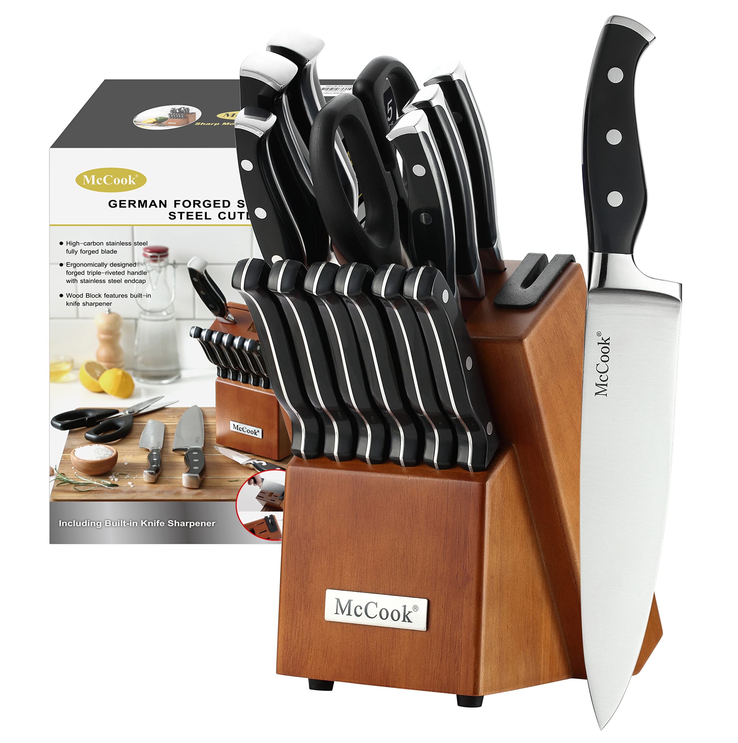 McCookKnife Sets, German Stainless Steel Kitchen Knives Set with Built-in Sharpener and Wooden Block