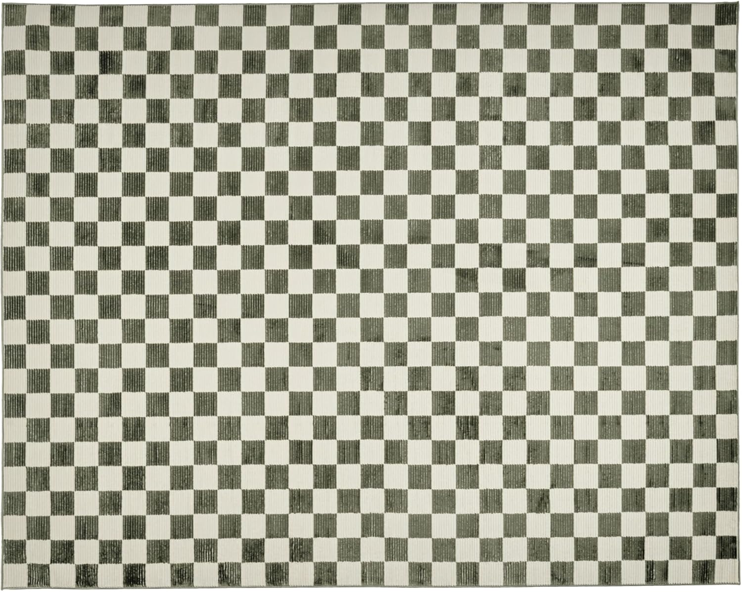 Revival Rugs Gambit 7'10"x10' Checkered Rug Washable Area Rug for Living Room Bedroom - 100% Recycled Oeko-TEX Certified, Medium Pile, Green, Beige