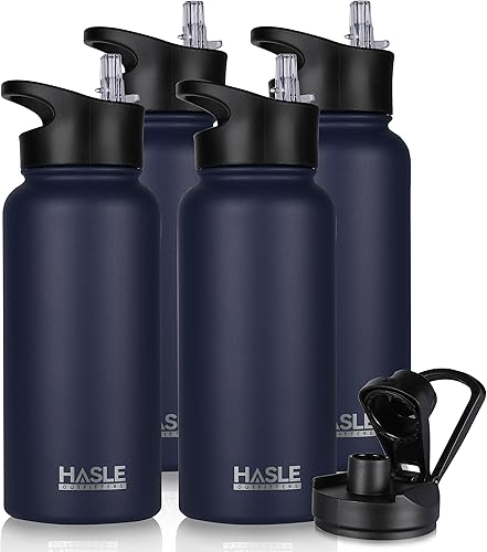 HASLE OUTFITTERS Botella de agua de acero inoxidable de 32 onzas, aislada al vacío, de doble pared, a prueba de fugas, con 2 tapas (popote y