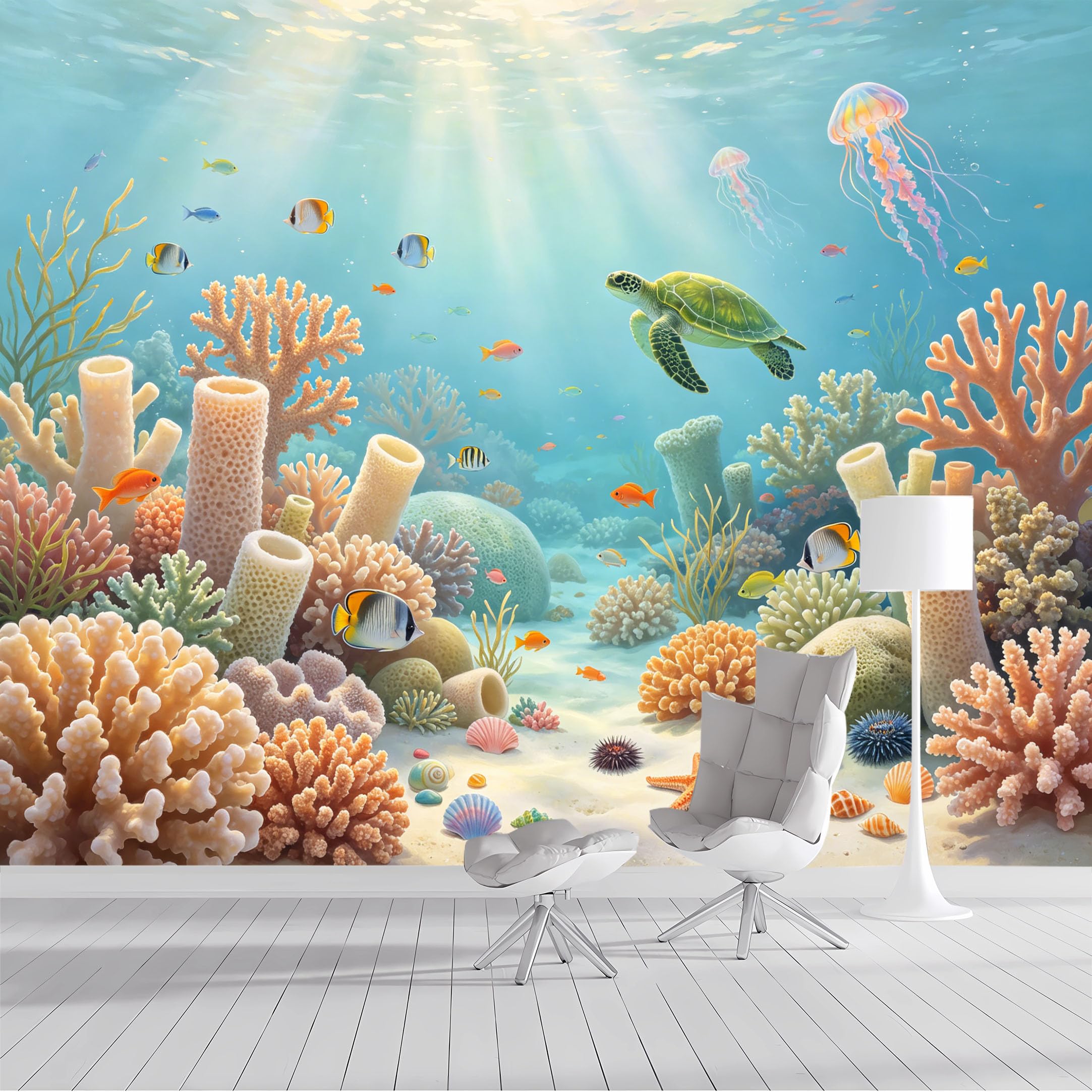 Custom Size Wall Mural Underwater Coral Reef Turtle Marine Life Tropical Fish Jellyfish SelfAdhesive Wall Fabric Removable Peel and Stick Wallpaper for Living Room Bedroom Bathroom