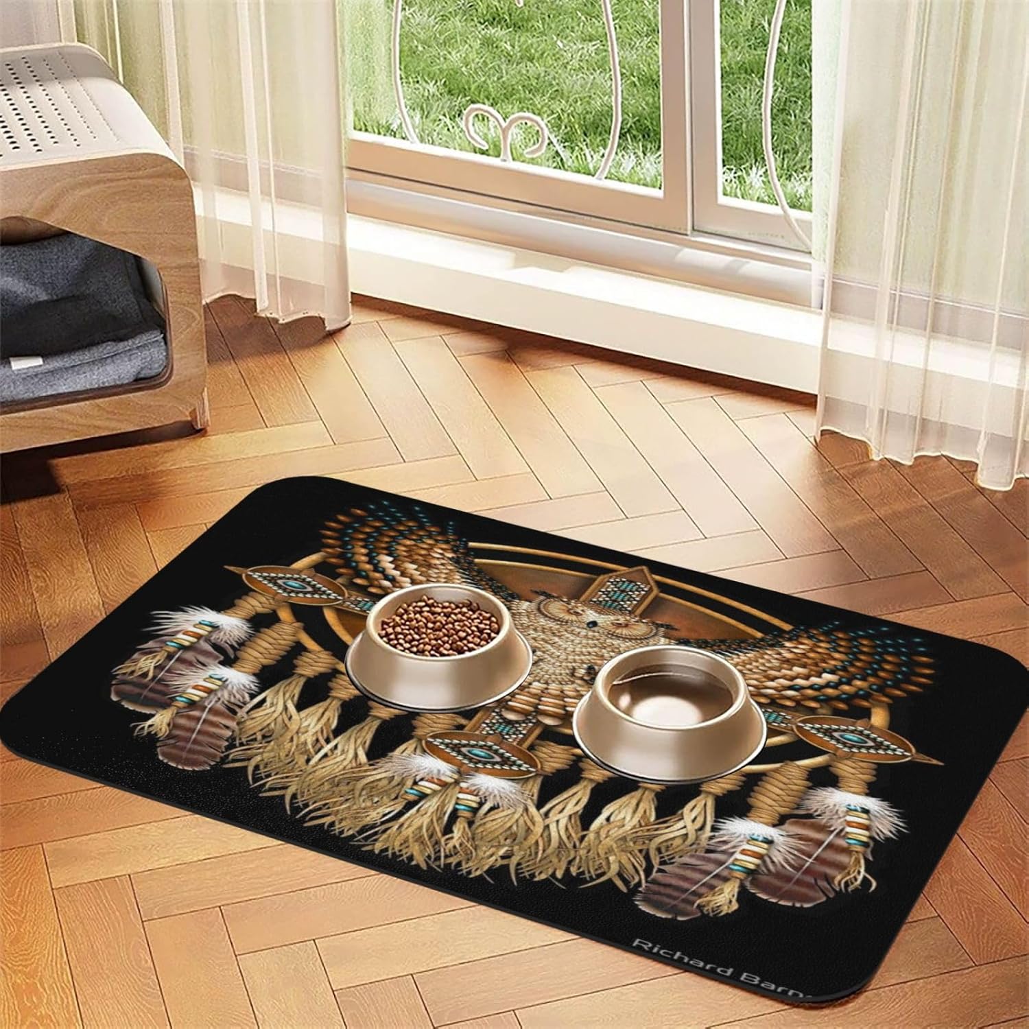 Native American Art Medicine Wheel Pet Feeding Mat-Absorbent Quick Dry Pet Cat Dog Food Mat Non Slip Waterproof Rubber Dish Placemat
