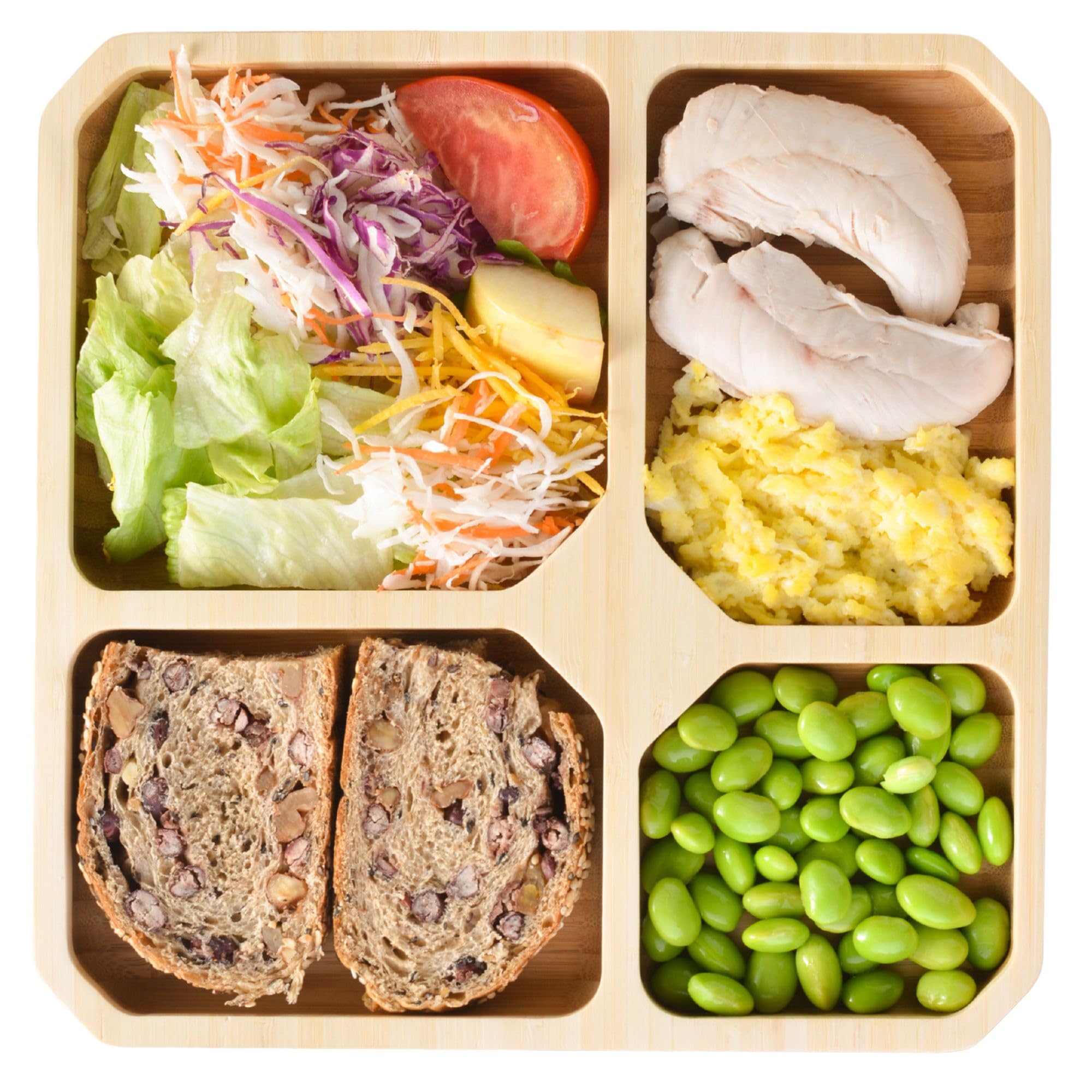 Bamboo Portion Control Plate – 4-Compartment Divided Bento Tray for Balanced Eating, Portion Control & Meal Prep – Square Wooden Dinner Plate for Adults & Kids