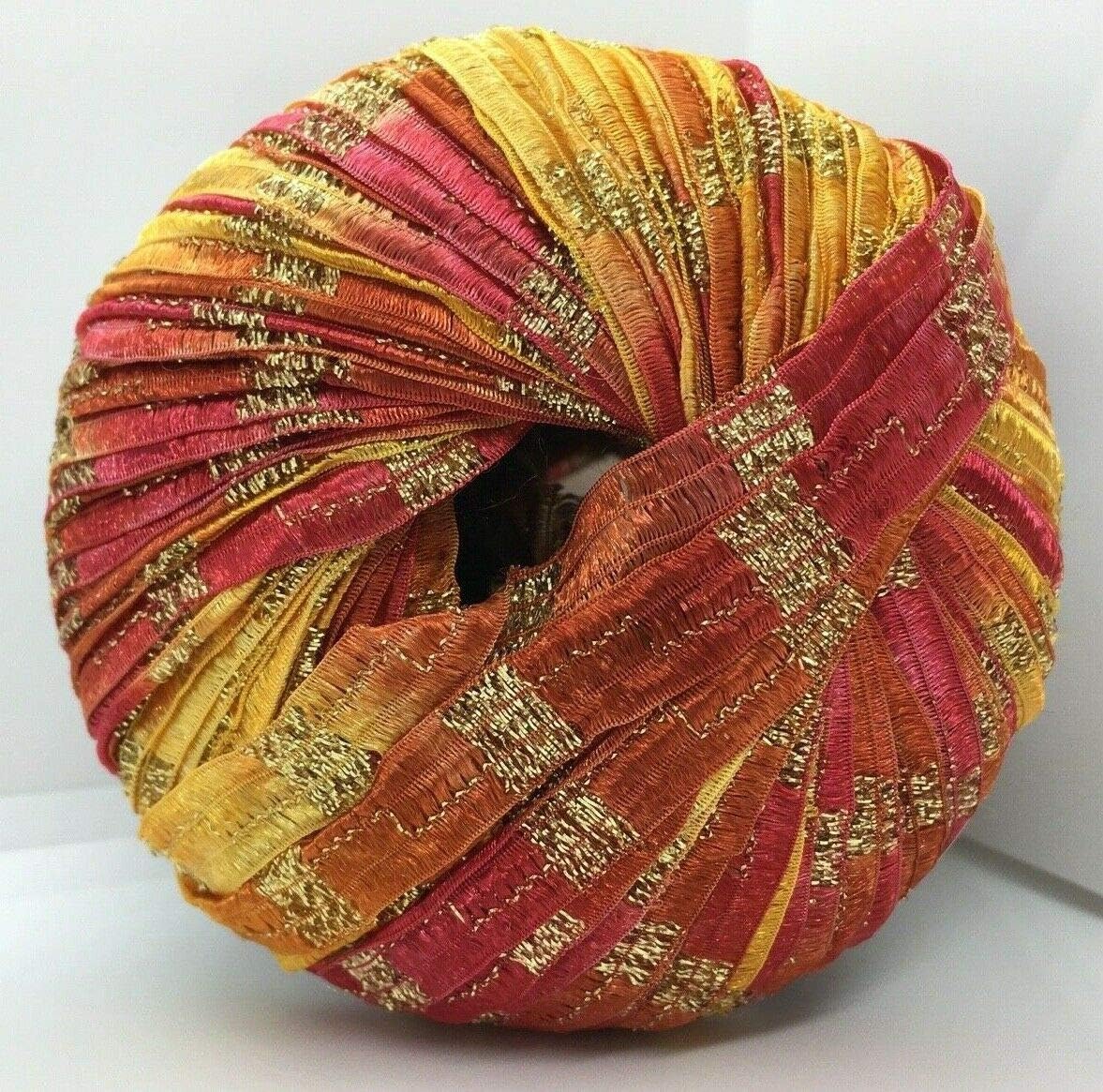 Memento Royale Berlini Glitter Ribbon Yarn 50 Gram, 88 Yards, 3/8 Wide #85 Tequila Sunrise - Red Orange Yellow with Gold Metallic