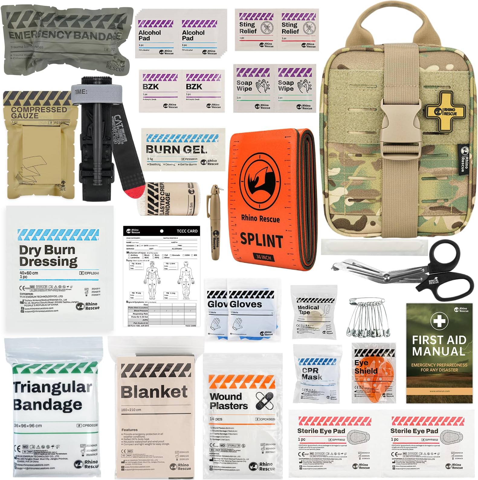 RHINO RESCUE IFAK Trauma Kit with C-A-T Tourniquet for Wound Care, Tactical First Aid Kit Molle Pouch for Military, Combat, Car, Camping, Hiking, Travel(Camouflage)