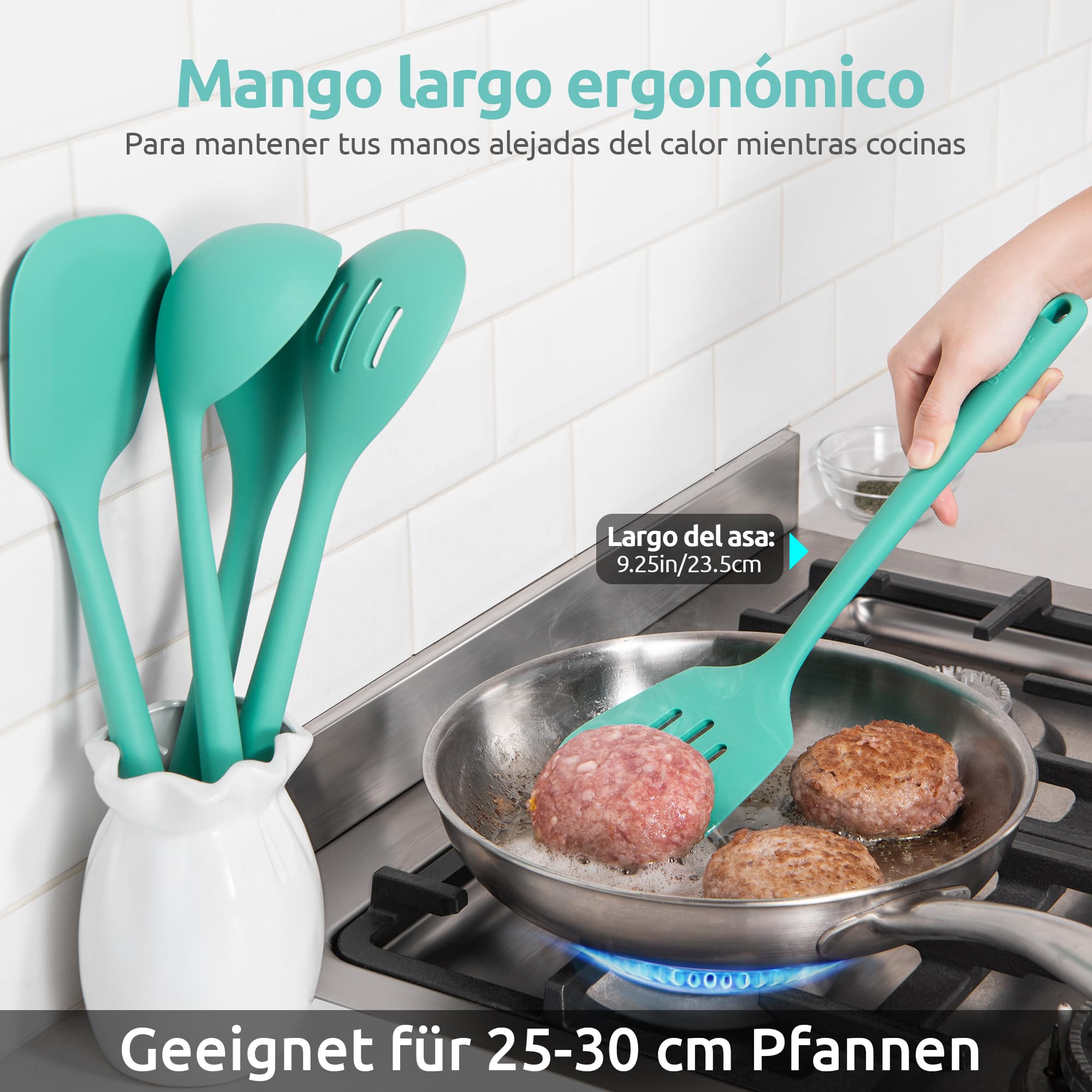 U-Taste Utensilios de Cocina de Silicona Extra Largos: 5 piezas 315 ℃ Herramientas de cocina resistentes al calor juego de espátulas antiadherentes para mezclar, servir y freír (Aqua Sky)