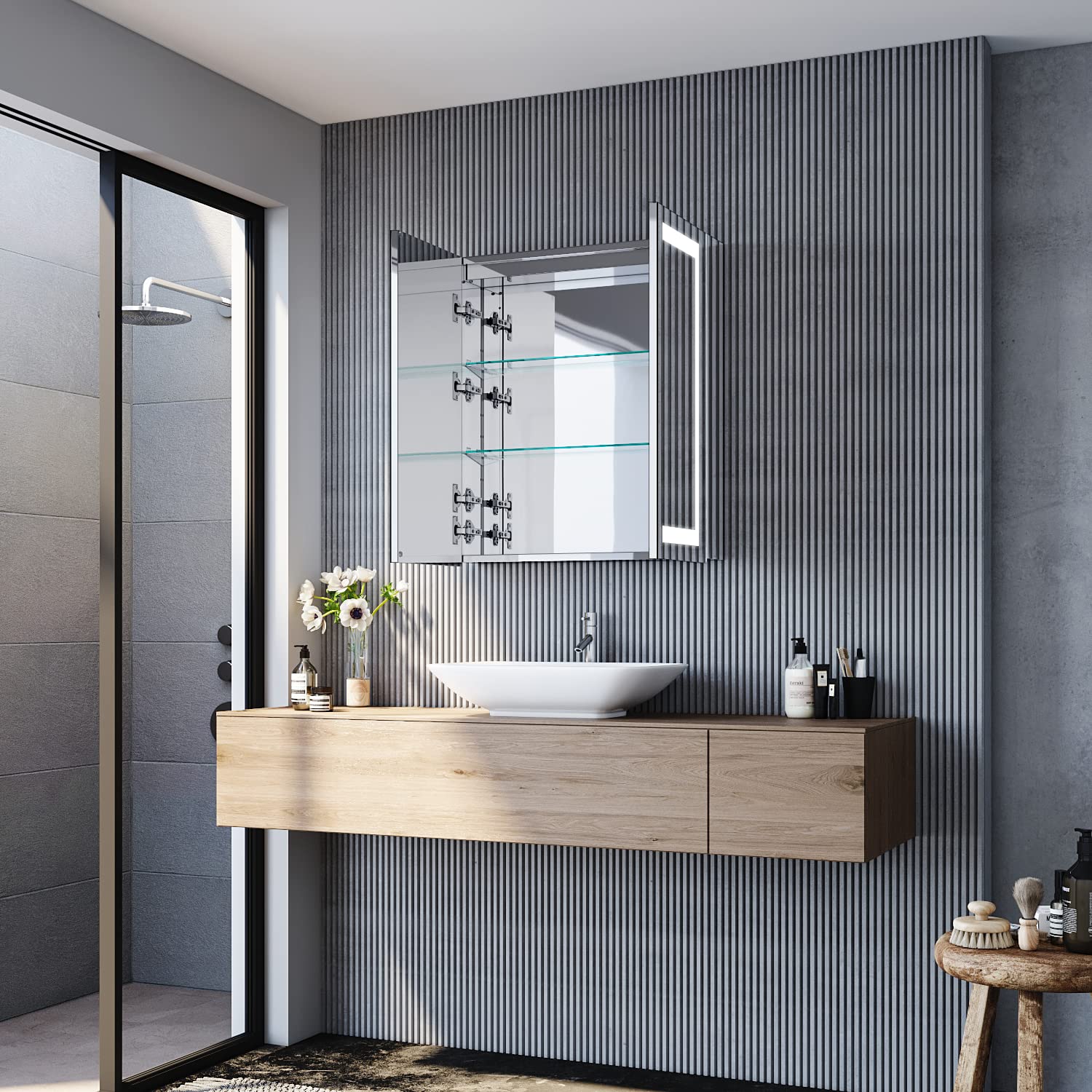 SONNI Armario Espejo Baño con Luz 60 x 70 cm Bisagra Conductora Antivaho Interruptor Táctil,Espejo de Baño con Armario y LED,Acero Inoxidable Enchufe para Afeitadora