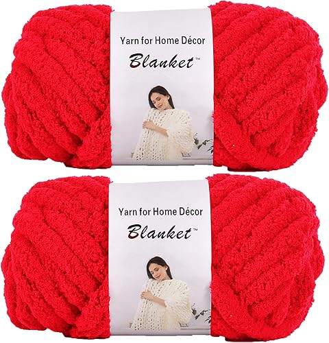 Hilo grueso de felpilla para tejer en el brazo, para hacer tú mismo, manta de punto, cojín, cama, sofá, decoración del hogar (rojo, paquete de 2,