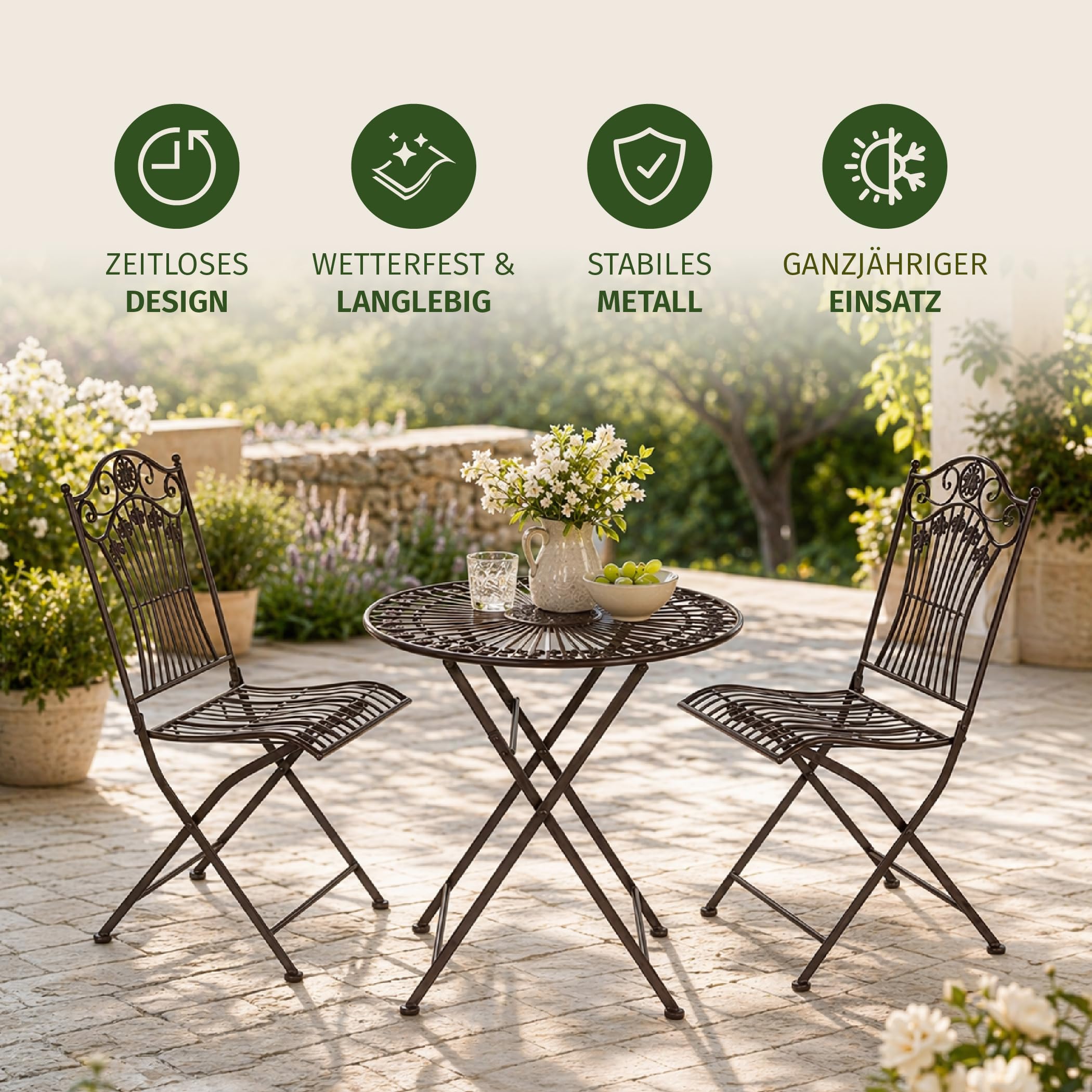 Moritz Bistroset 3-teilig klappbar Antik Braun - Metall Gartenmöbel Set - Klapptisch Ø 69,5 cm mit 2 Klappstühlen - Vintage Bistrogarnitur - Balkon Terrasse Garten Sitzgruppe nostalgisch