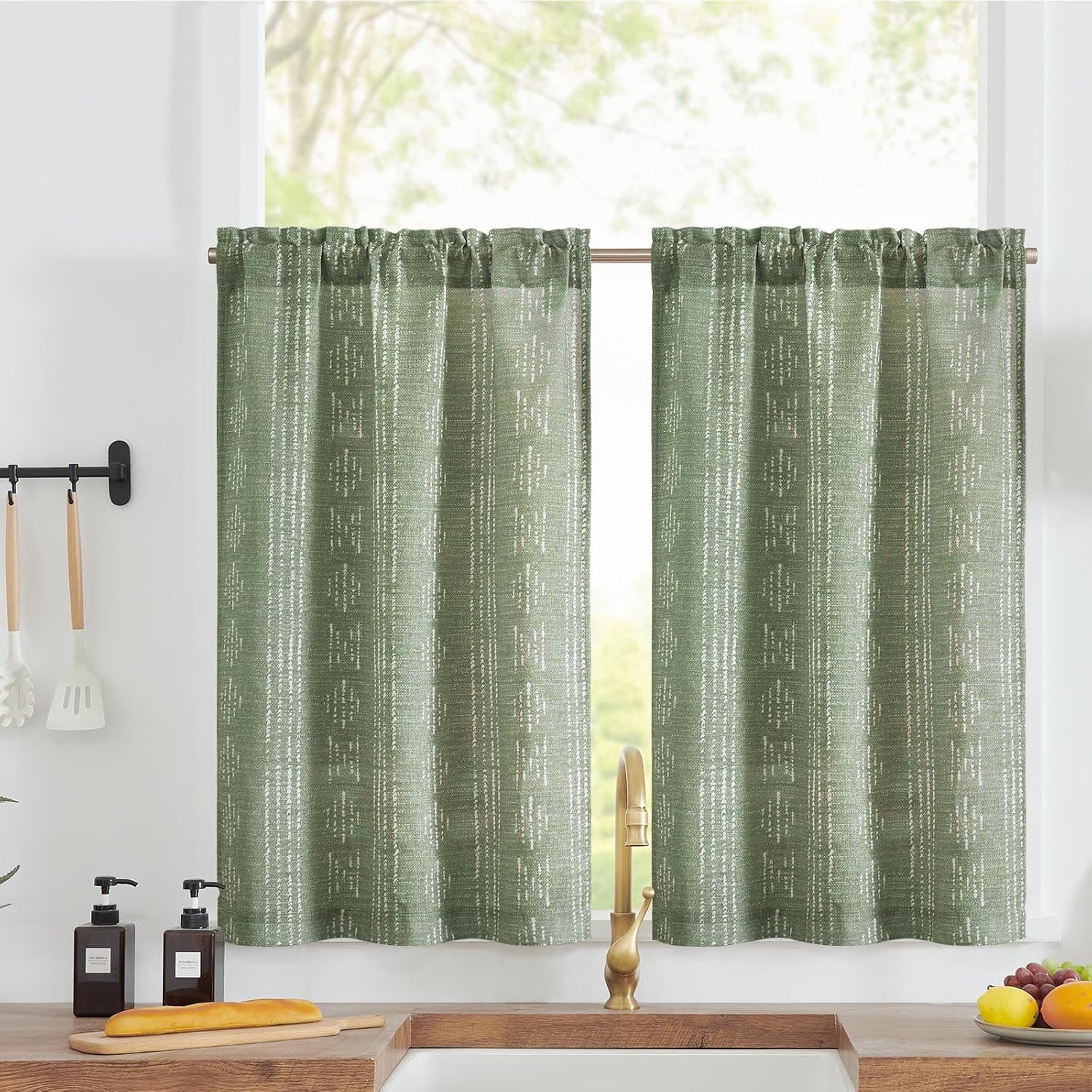 jinchan Boho Kitchen Curtains Linen Tier Curtains 36 Inches Bohemian Cafe Small Drapes Gray Striped Mudcloth Farmhouse for Bathroom RV Camper Light Filtering Rod Pocket 2 Panels Sage Green 26"W x 36"L (Pack of 2) Boho Sage Green