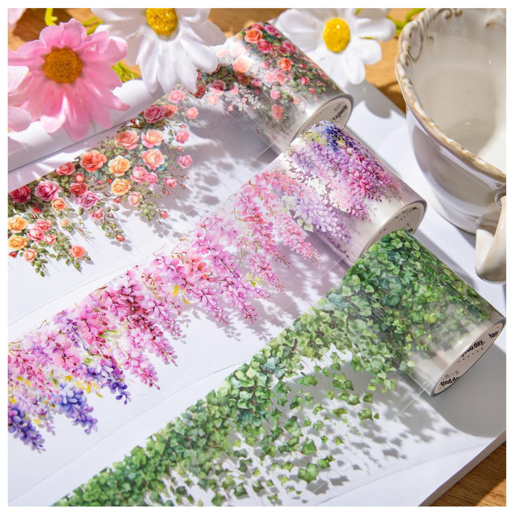 Flower PET Washi Tape Set,3 Rolls Nature Tape Stickers for Journaling Supplies,Scrapbooking Supplies,Junk Journal,Notebook,Planner,DIY Craft(Climbing Rose)
