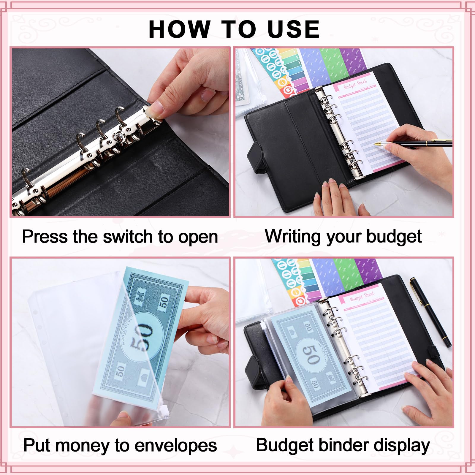 Classeur Budget A6 En Cuir Synthétique - 12 Pochettes Zip - Organisation Factures, Documents