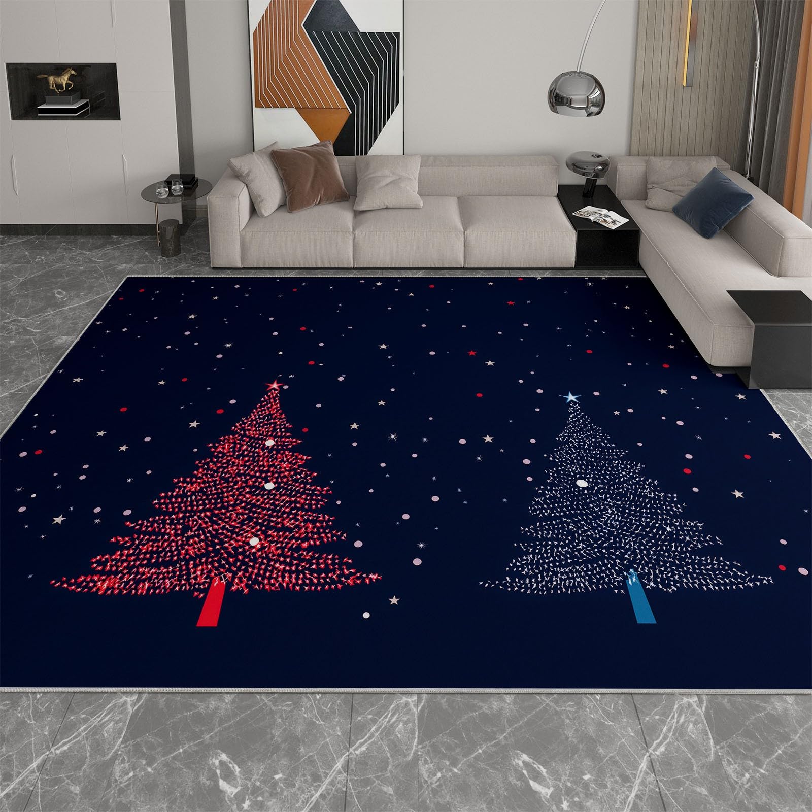 Alfombra de árbol de Navidad, copos de nieve, 120 x 170 cm, alfombra para dormitorio, cielo estrellado de Navidad, alfombra de cocina, antideslizante, lavable, para salón, comedor, entrada interior