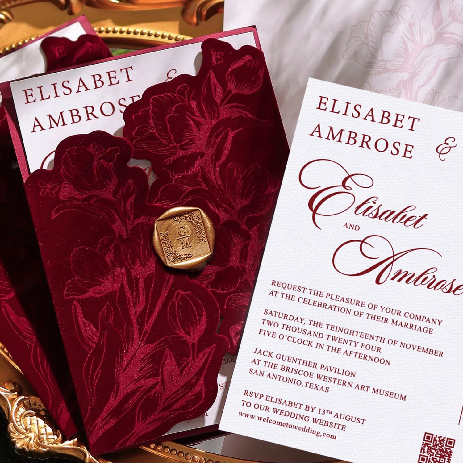 Burgundy Velvet Wedding Invitations, Elegant Flower Laser Cut Invitation with QR Code, Luxury Gold Wax Seals, Customizable Tri Fold Invitations Card (25pcs Blank Invitation)