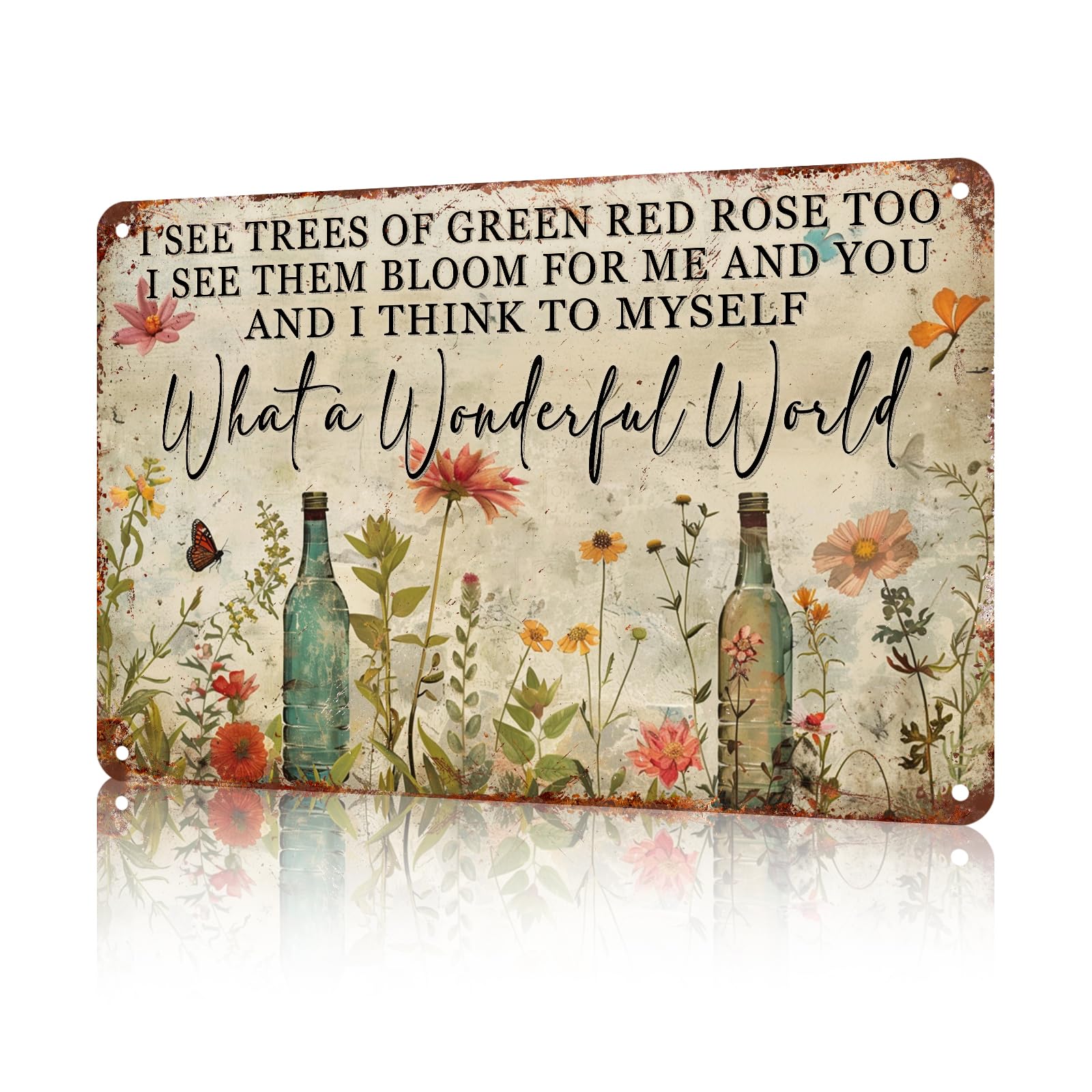 Anceky Aluminum Metal Tin Sign Funny Vintage Dragonfly What A Wonderful World Flowers Metal Tin Sign for Home Living Bedroom Yard Decor Garden Outdoor 12×16 Inches