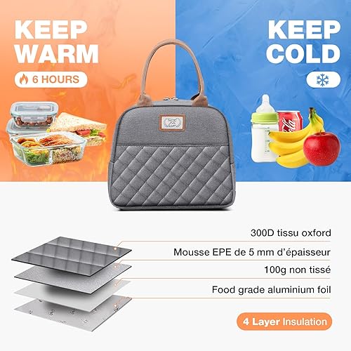 Miniatura 4 de Lekesky Lonchera para mujer, lonchera aislada, bonita bolsa de almuerzo a prueba de fugas para el trabajo de adultos, color gris