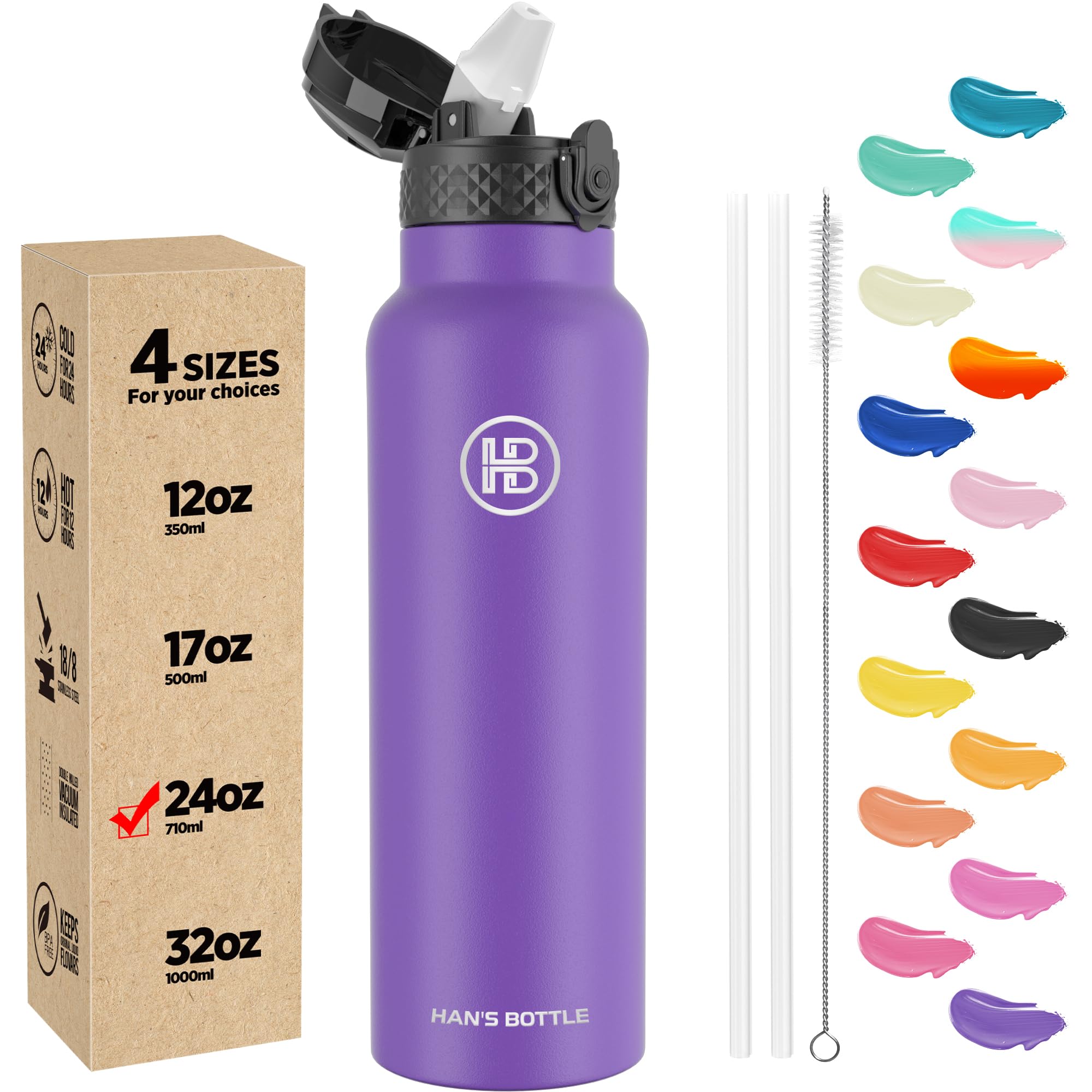 Han's Bottle Sports Water Bottle - 24 Oz, Straw Lid, Leak Proof, Vacuum Insulated Stainless Steel, Double Walled, Thermo Mug,Purple